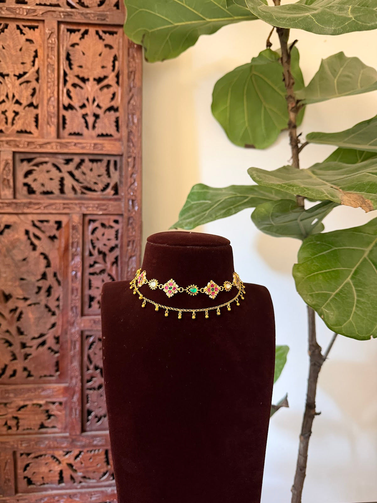 2-Layer Multi-Color Floral Kundan Choker with Earrings | Handmade Gold Plated | NC853