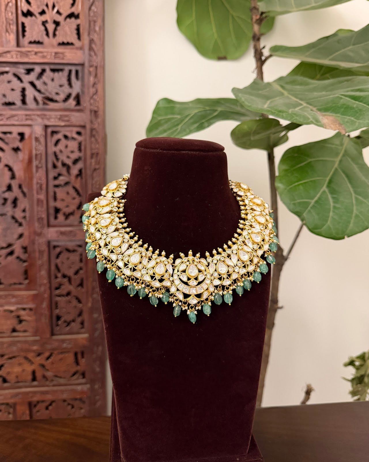 Mossanite Kundan Statement Necklace Set | Handmade Gold Plated | NC796