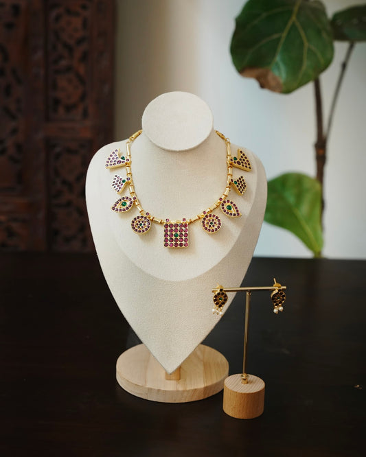 Bharatanatyam Classic Kemp Stone Necklace Set with Earrings | Handmade Gold Tone | NC917