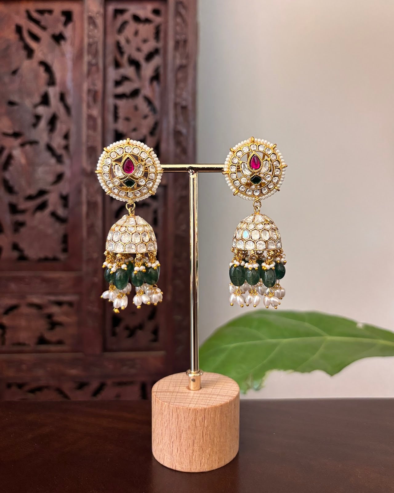 Elegant White Gold-Finish Kundan Jhumkas | Handmade Gold Plated | ER469