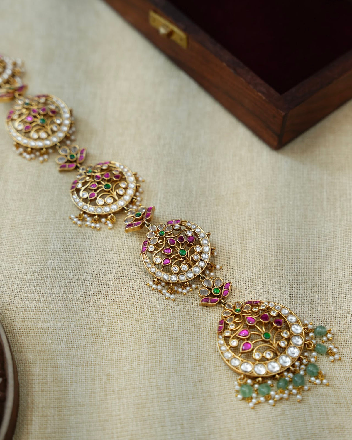 Jadau Kundan Traditional Hair Accessory with Pearl Beads | White and Ruby | HA428