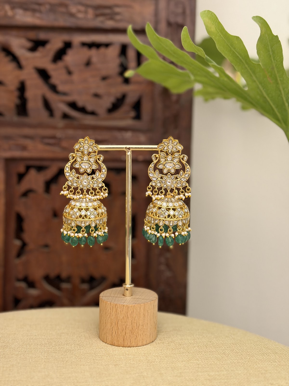 White Floral Jadau Kundan Jhumkas With Green Beads | ER420