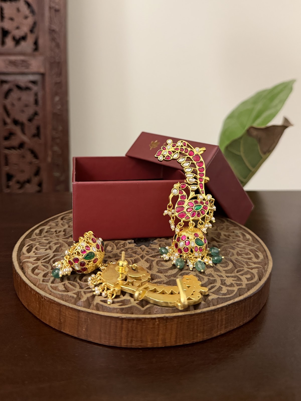 Royal Peacock Kundan Ear Cuff Jhumkas – Intricate Traditional Design | Handmade Gold Plated | ER497
