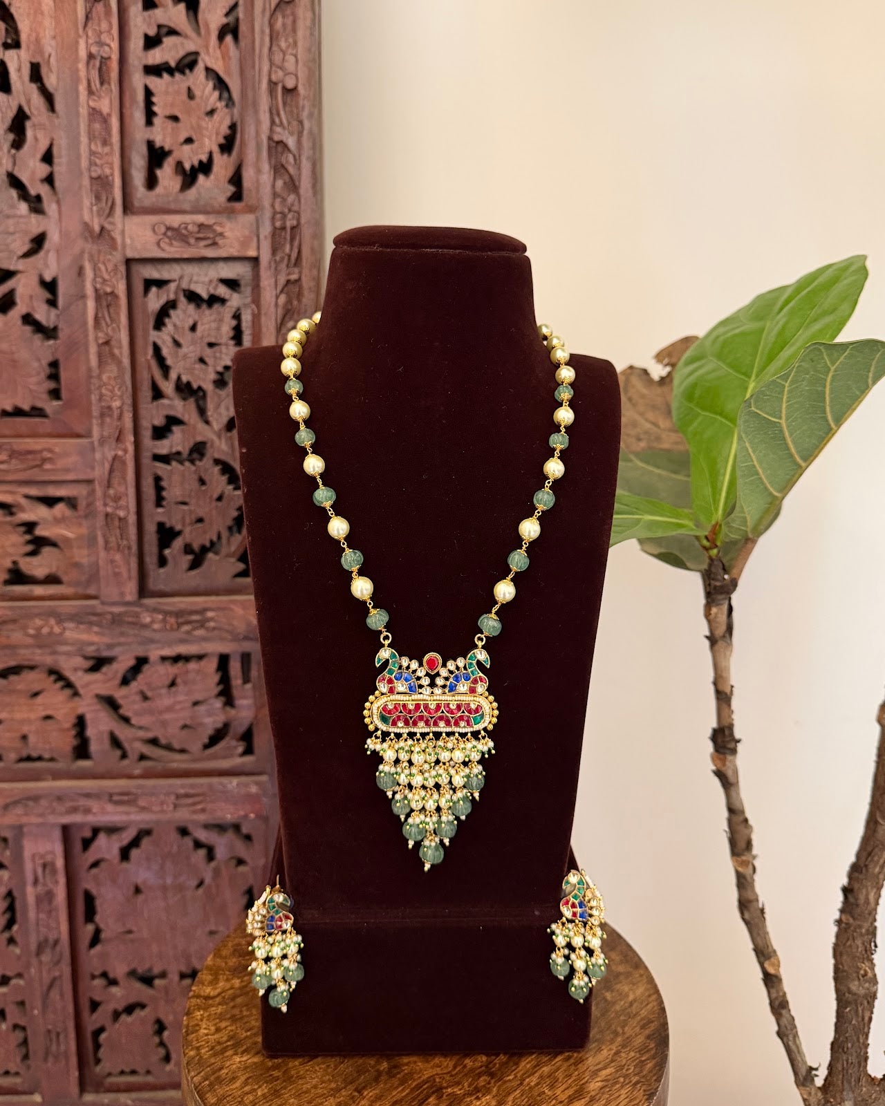 Multicolor Gold-Plated Kundan Peacock Malla with Earrings | Handmade Gold Plated | NC793