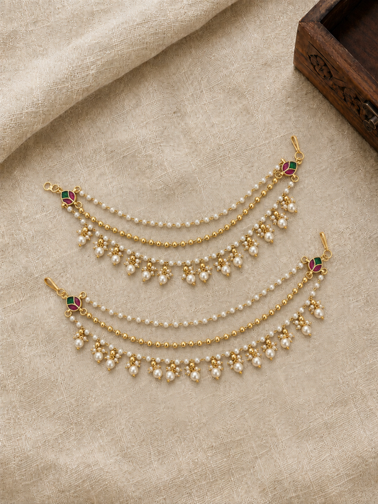 Pearl Kundan Three Layer Ear Chain | Handmade Gold Plated | EC224