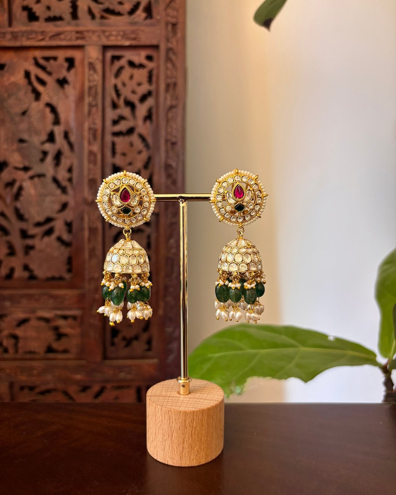 Elegant White Gold-Finish Kundan Jhumkas | Handmade Gold Plated | ER469