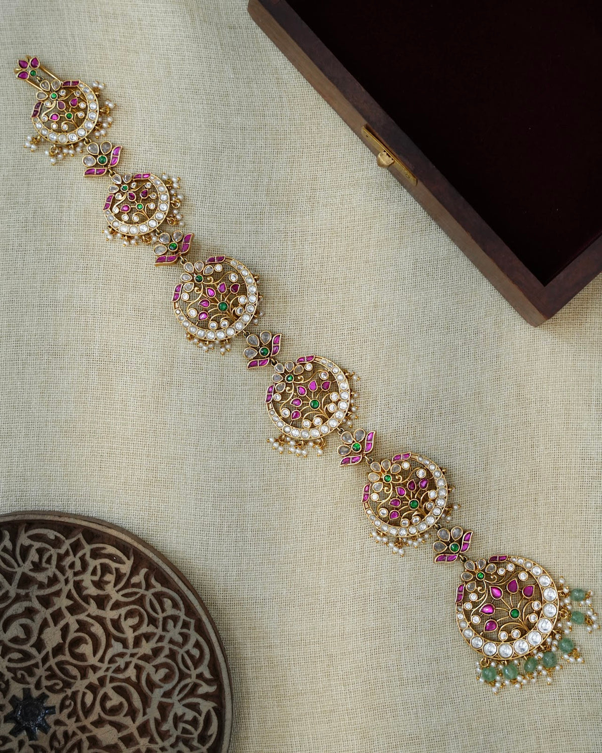 Jadau Kundan Traditional Hair Accessory with Pearl Beads | White and Ruby | HA428