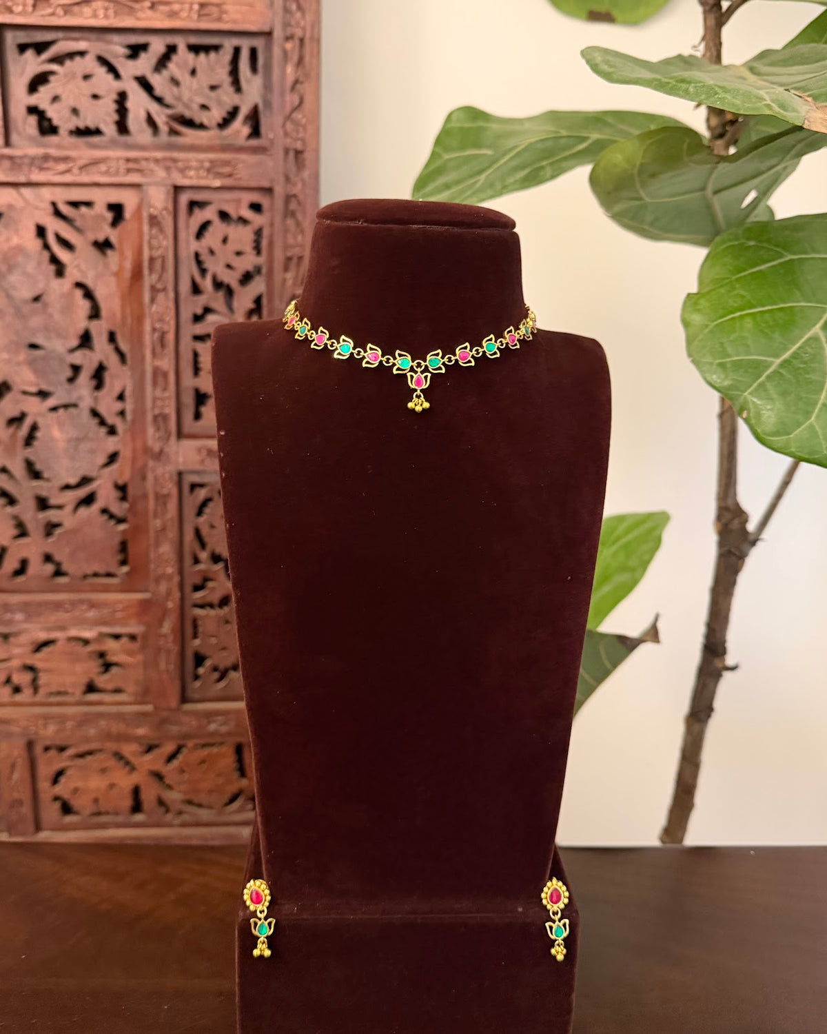 Multicolour Lotus Kundan Necklace with Earrings | Floral Design | Handmade Gold Plated | NC852