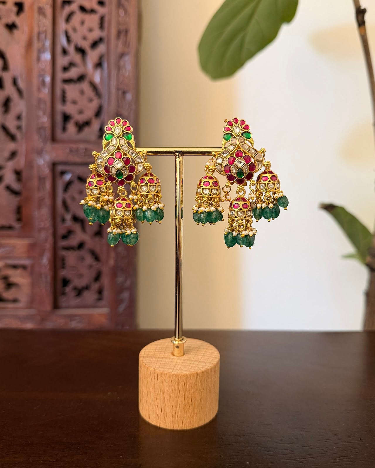 Jadau Kundan Peacock Jhumkas Earrings | Handmade Gold Plated | ER447