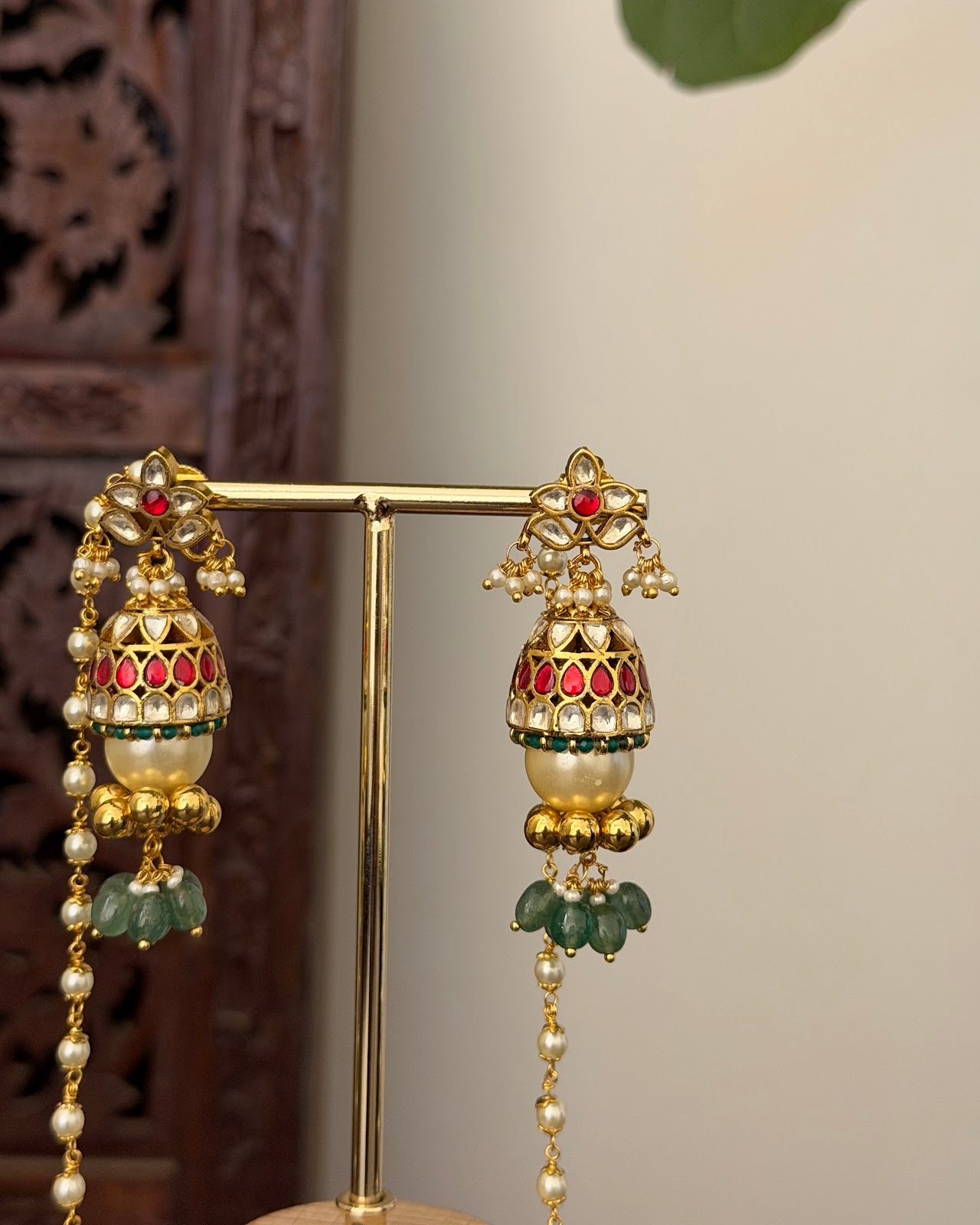 Kundan Pearl One of a Kind Earrings with Pear Ear Chain | Handmade Gold Plated | ER448