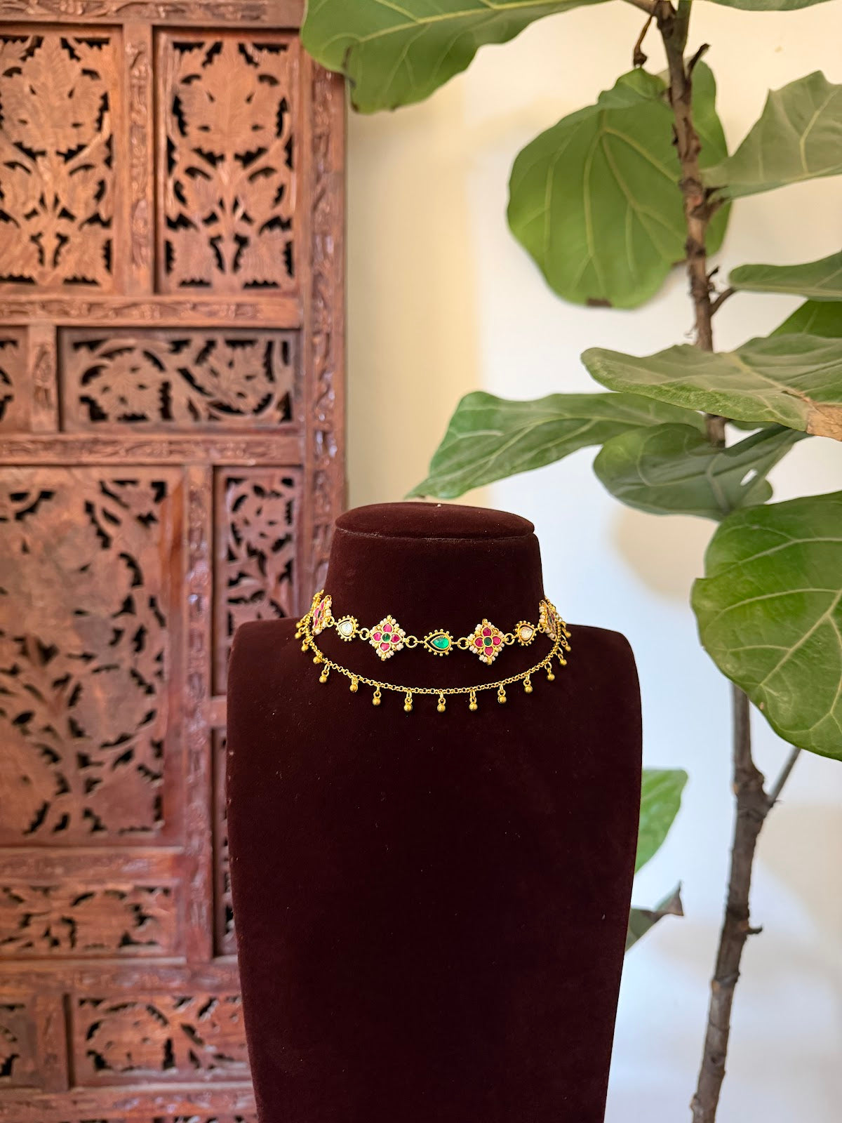 2-Layer Multi-Color Floral Kundan Choker with Earrings | Handmade Gold Plated | NC853