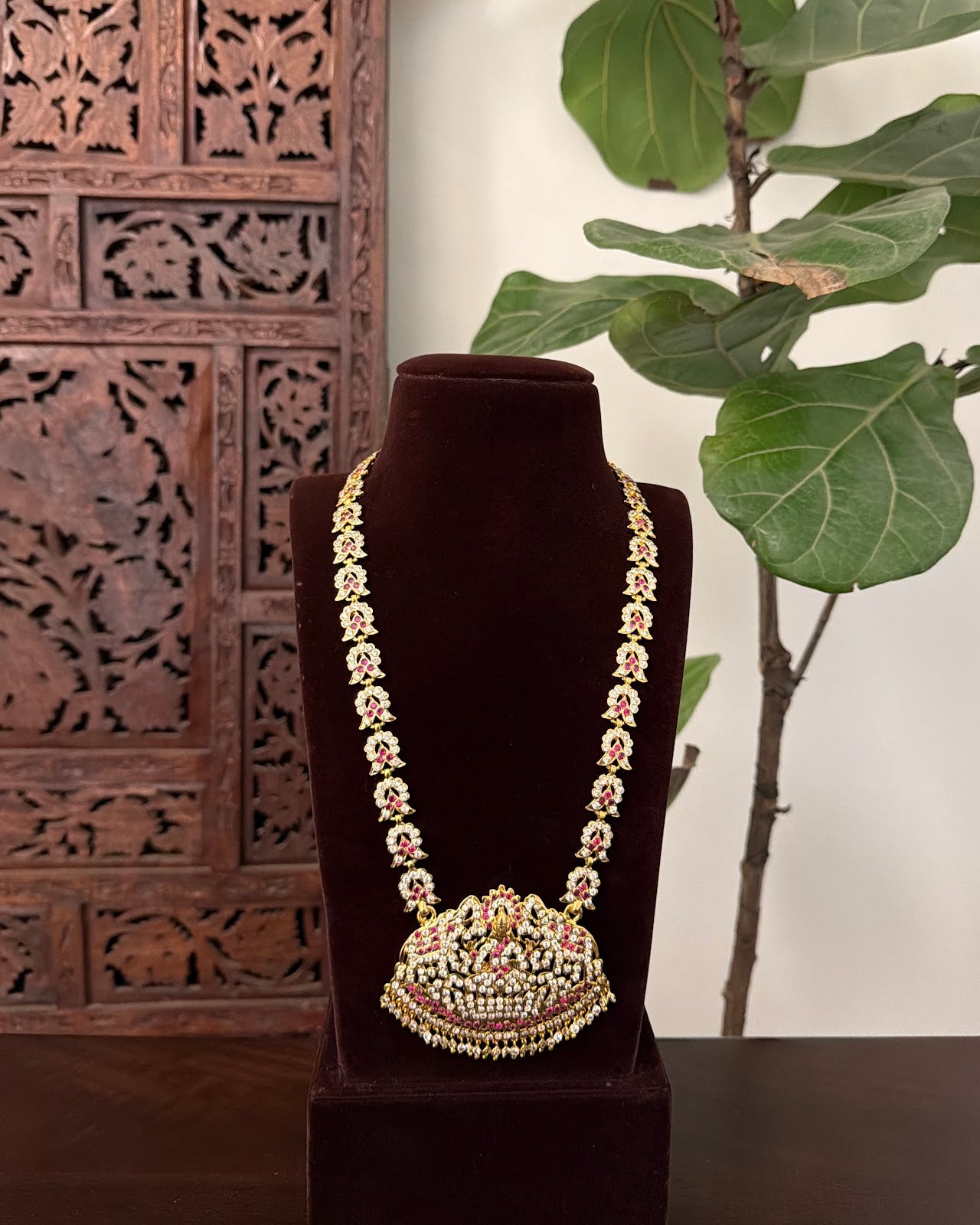 Vintage Impon Ruby & White Long Haram Necklace | Handmade Gold Tone | NC835