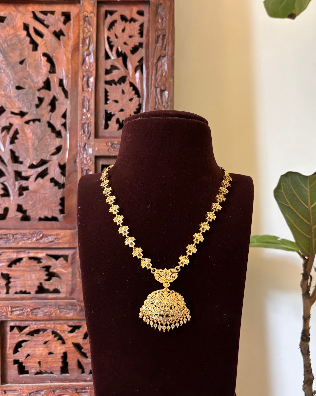 Vintage Impon Necklace | Ruby and White | Handmade Gold Tone | NC759