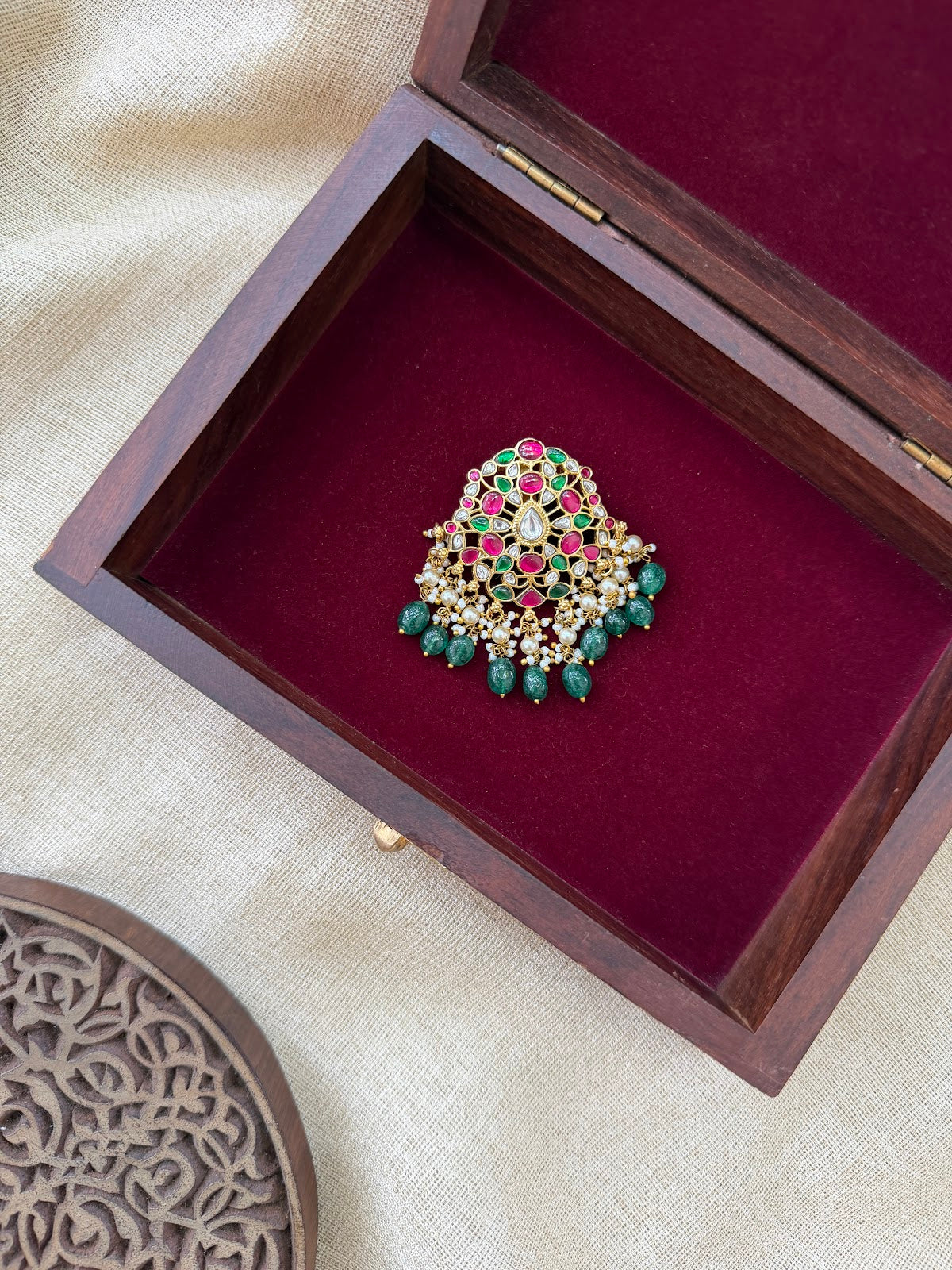 Multicolour Jadau Kundan Floral Pendant | Handmade Gold Plated with Pearl Drop | HA393