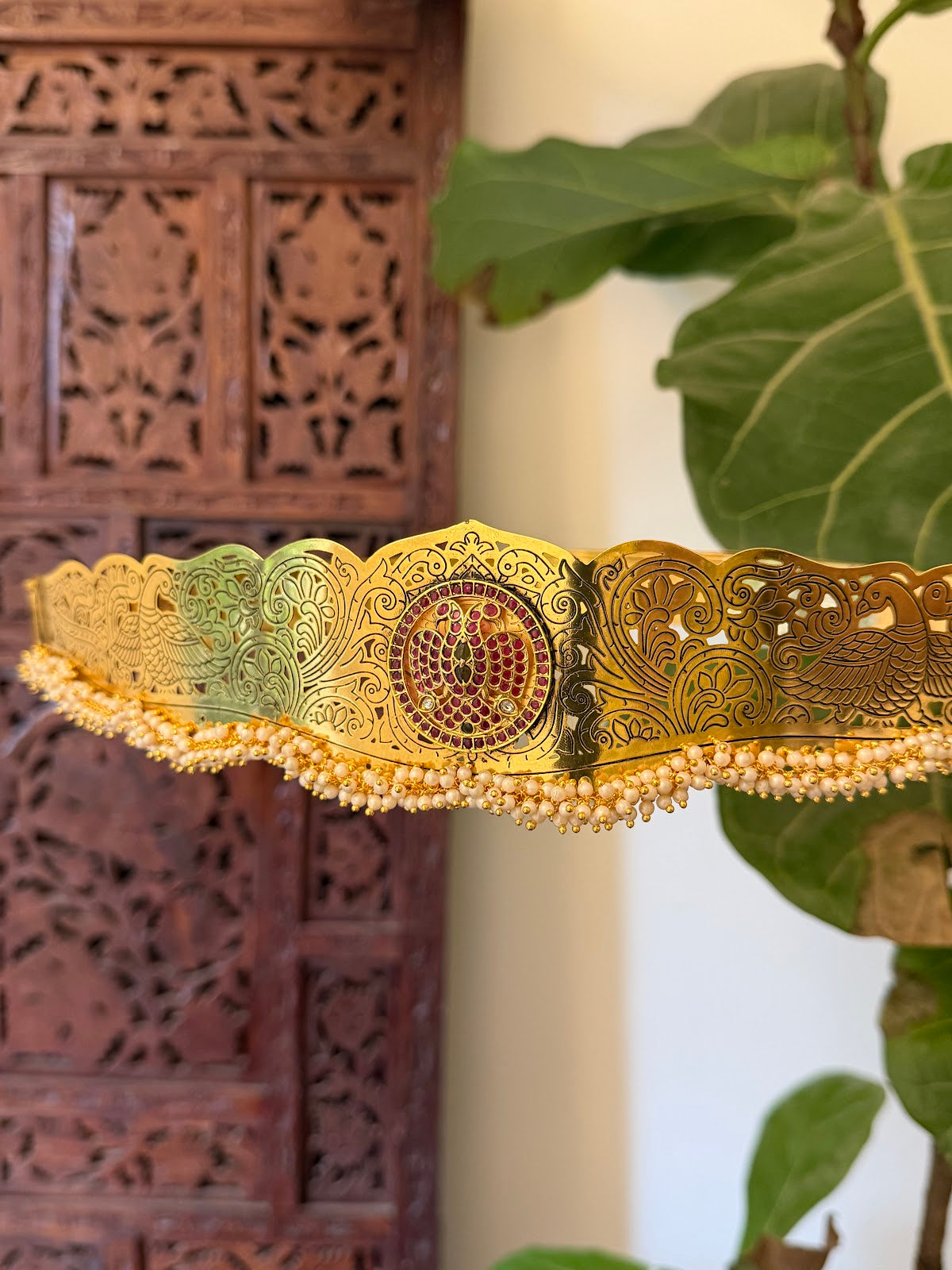 Antique Gandaberunda Hipbelt – Ruby with Pearl Drop | Handmade Gold Plated | WB050