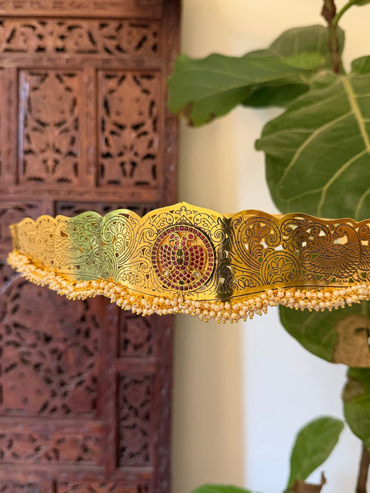 Antique Gandaberunda Hipbelt – Ruby with Pearl Drop | Handmade Gold Plated | WB050