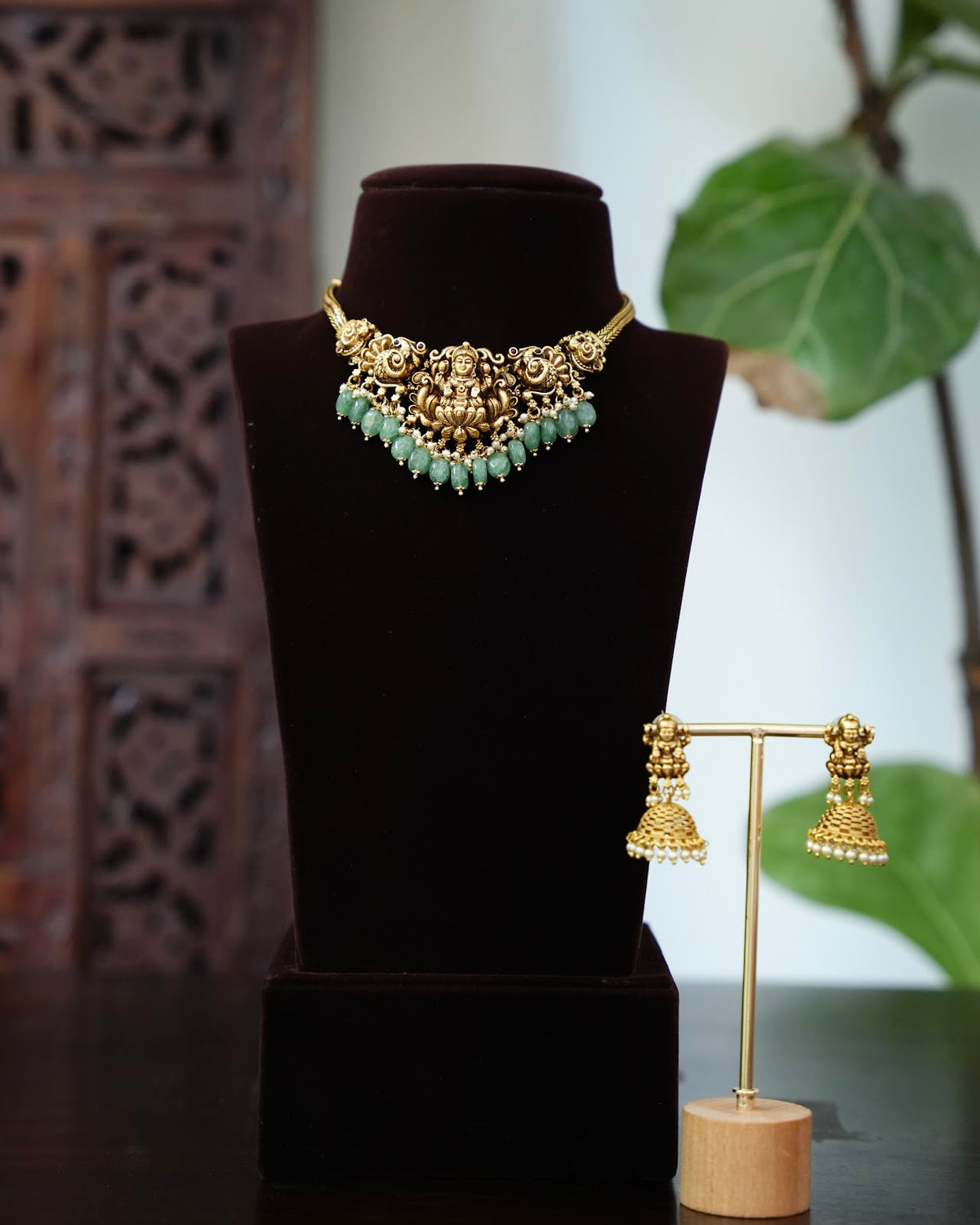 Antique Lakshmi Gold-Finish Choker Necklace Set with Strawberry Beads and Earrings | NC885