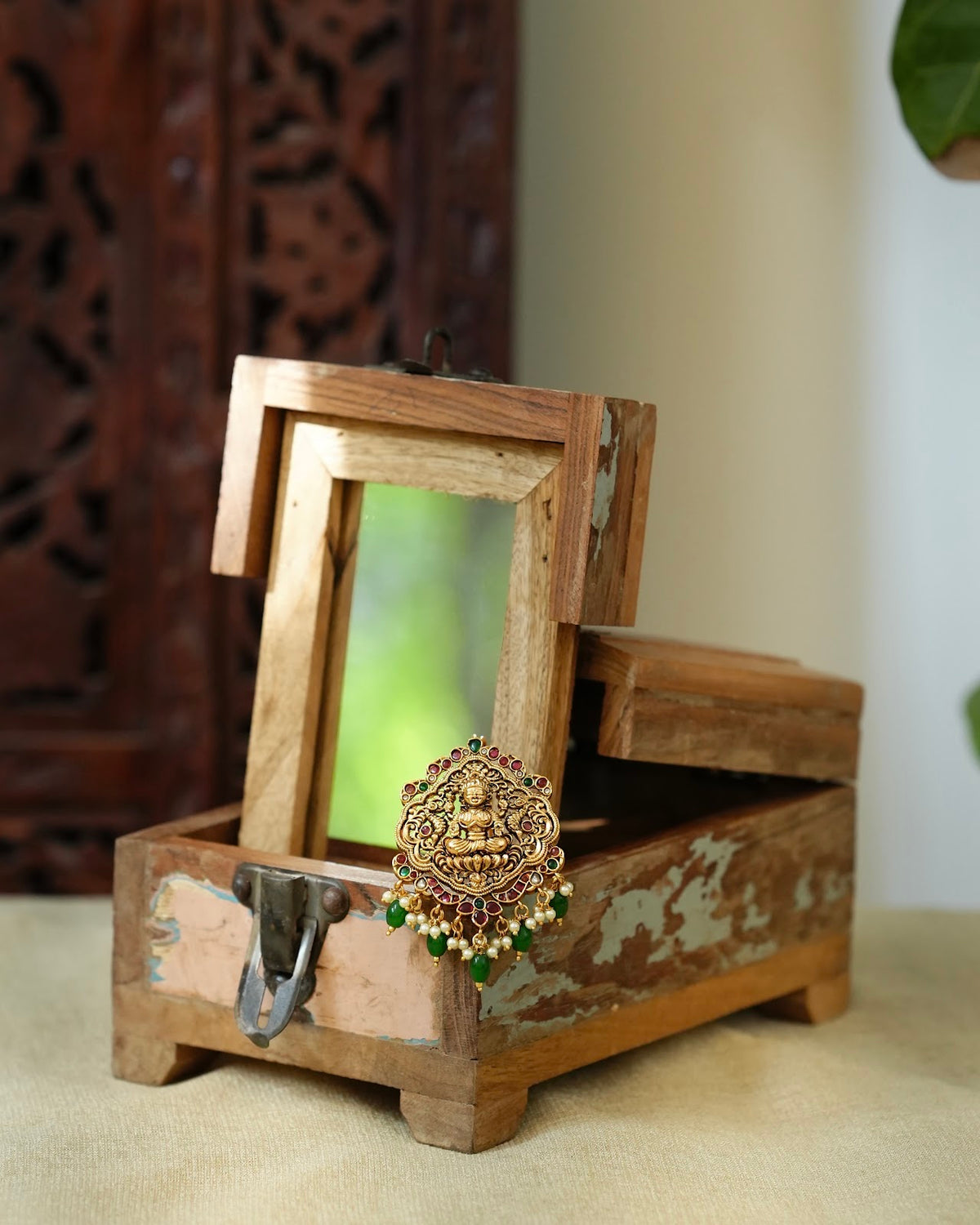 Antique Lakshmi Traditional Hair Pendant with Green Beads | HA431