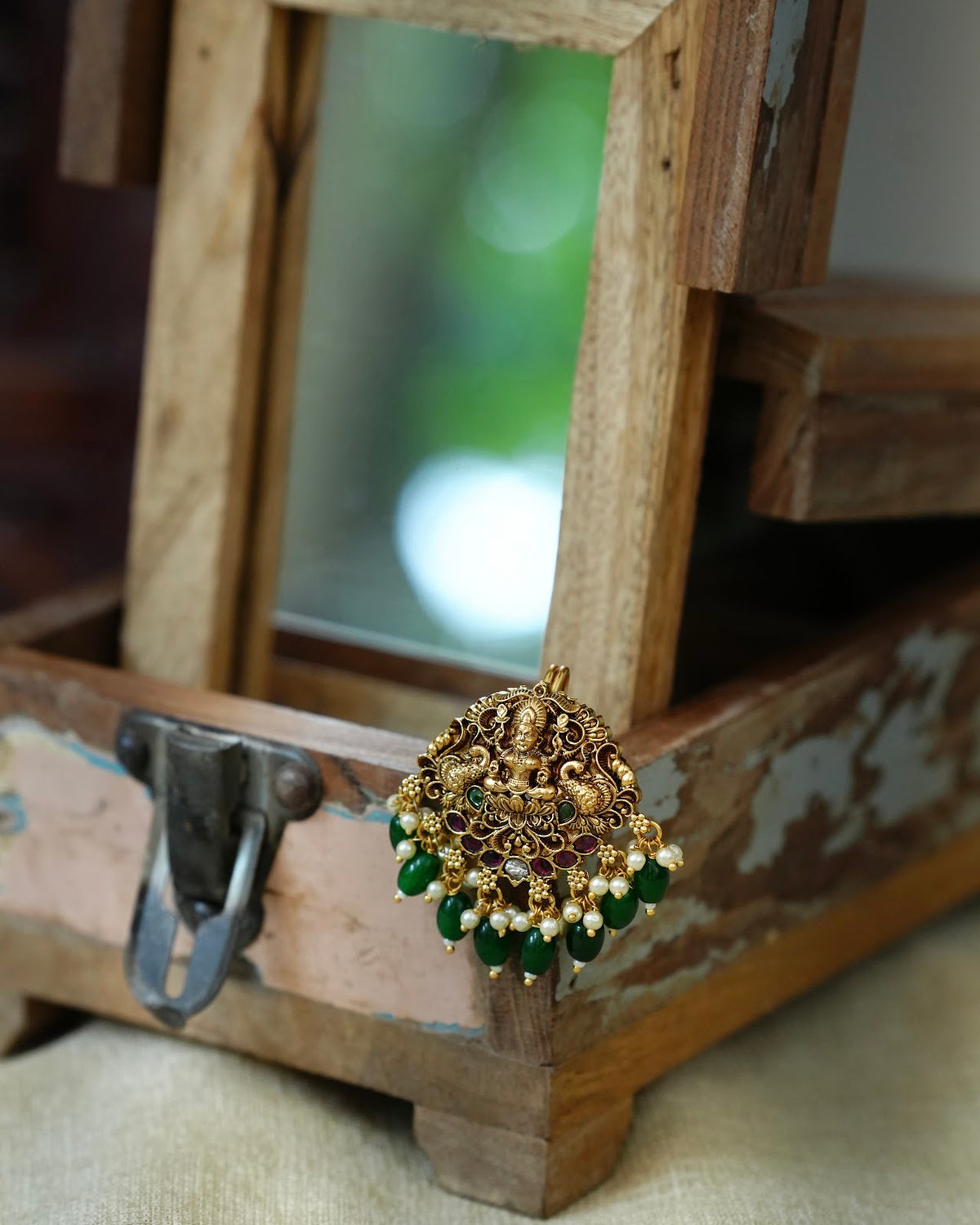 Lakshmi & Peacock Small Hair Pendant with Green Beads | HA435