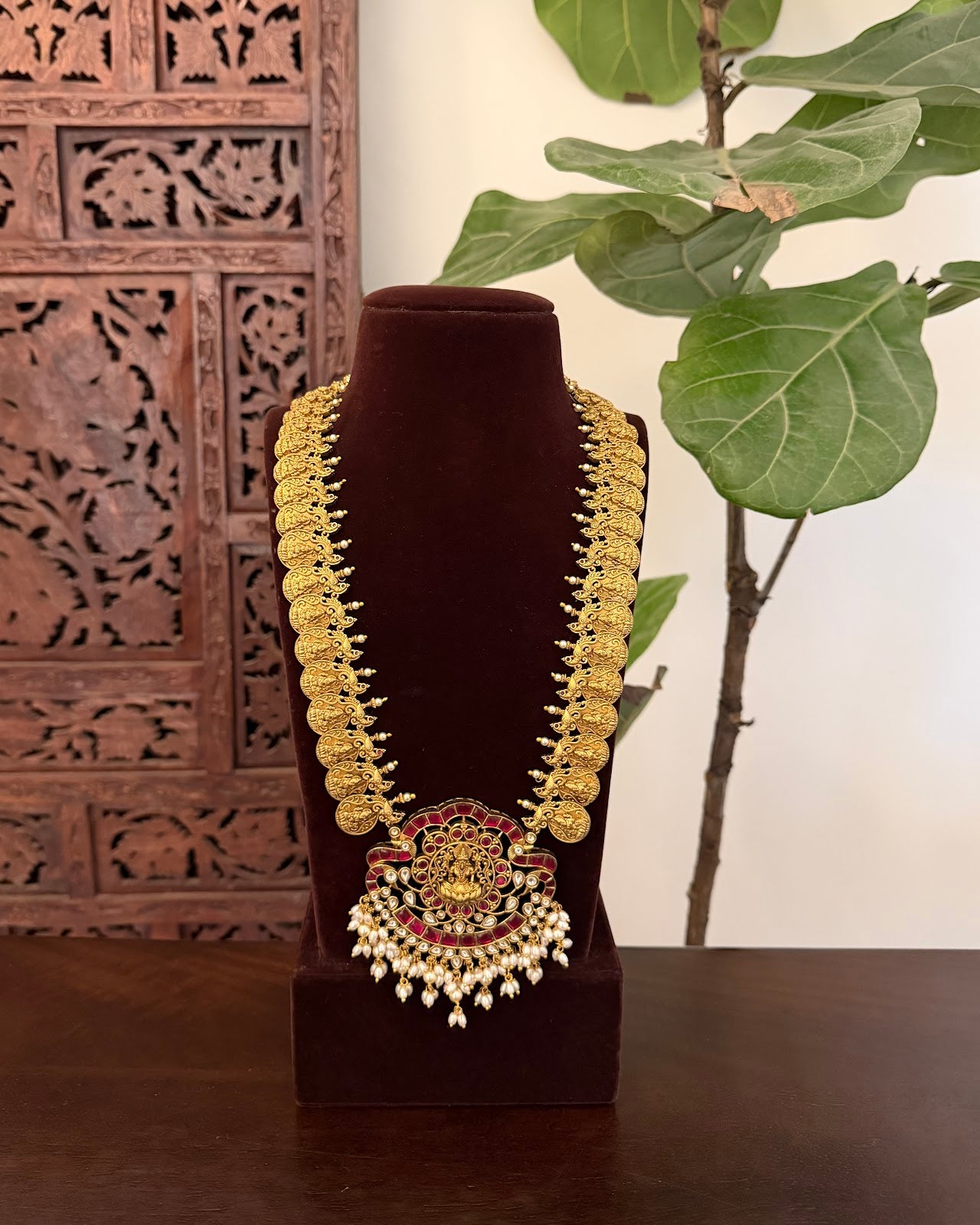 Divine Lakshmi Pendant Pearl Drop Kaasu Haram | Heritage-Inspired Handmade Gold Plated | NC833