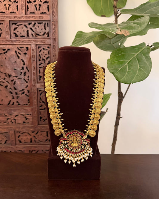 Divine Lakshmi Pendant Pearl Drop Kaasu Haram | Heritage-Inspired Handmade Gold Plated | NC833