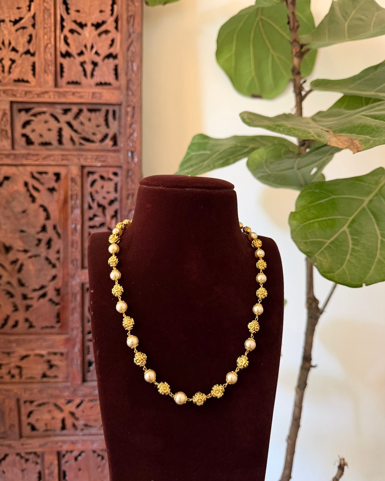 Antique Pearl Gold Plated Bead Mala Necklace | Handmade Gold Plated | NC816
