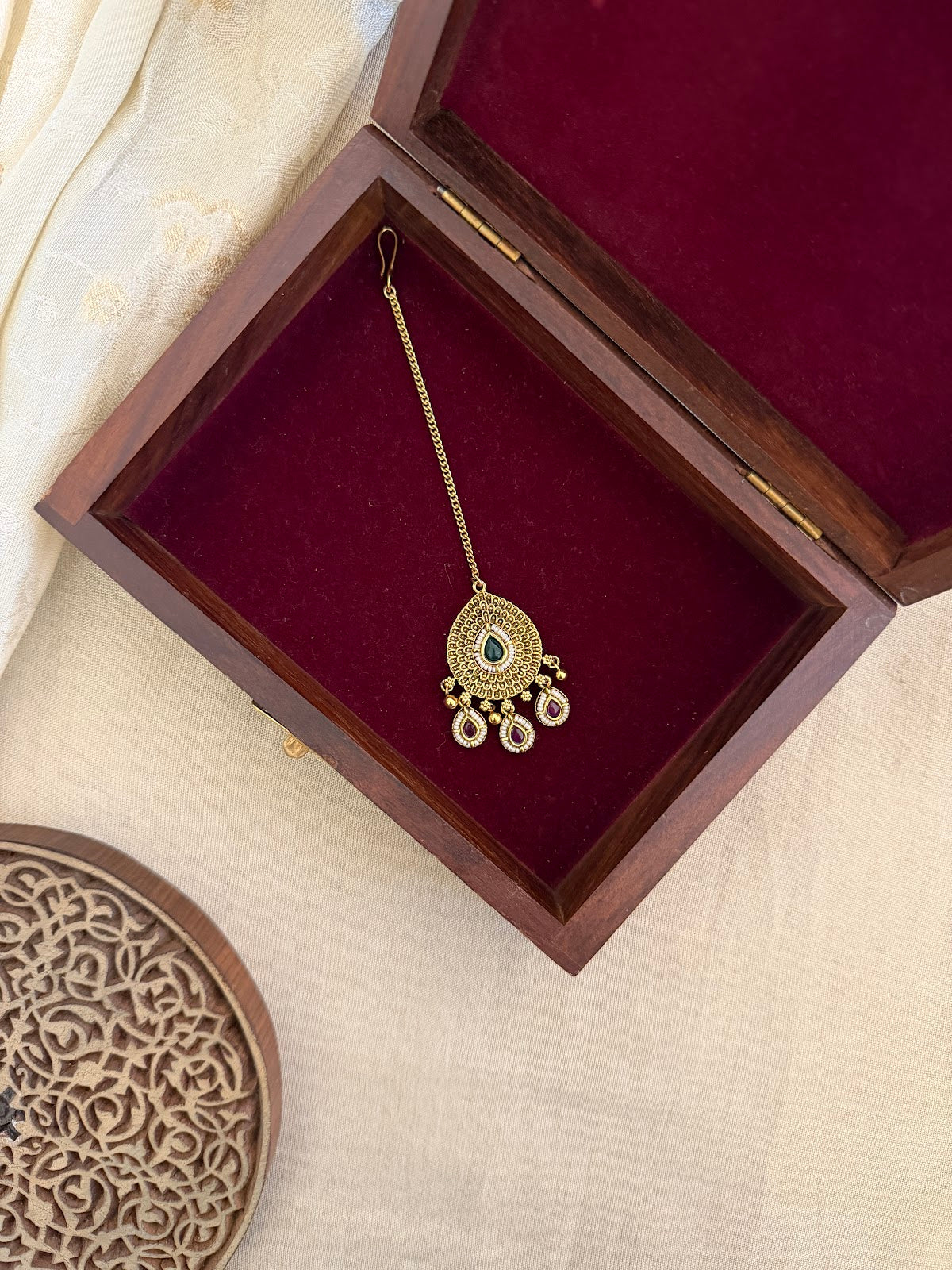 Ruby & Green Floral Kundan Maang Tikka | MT333