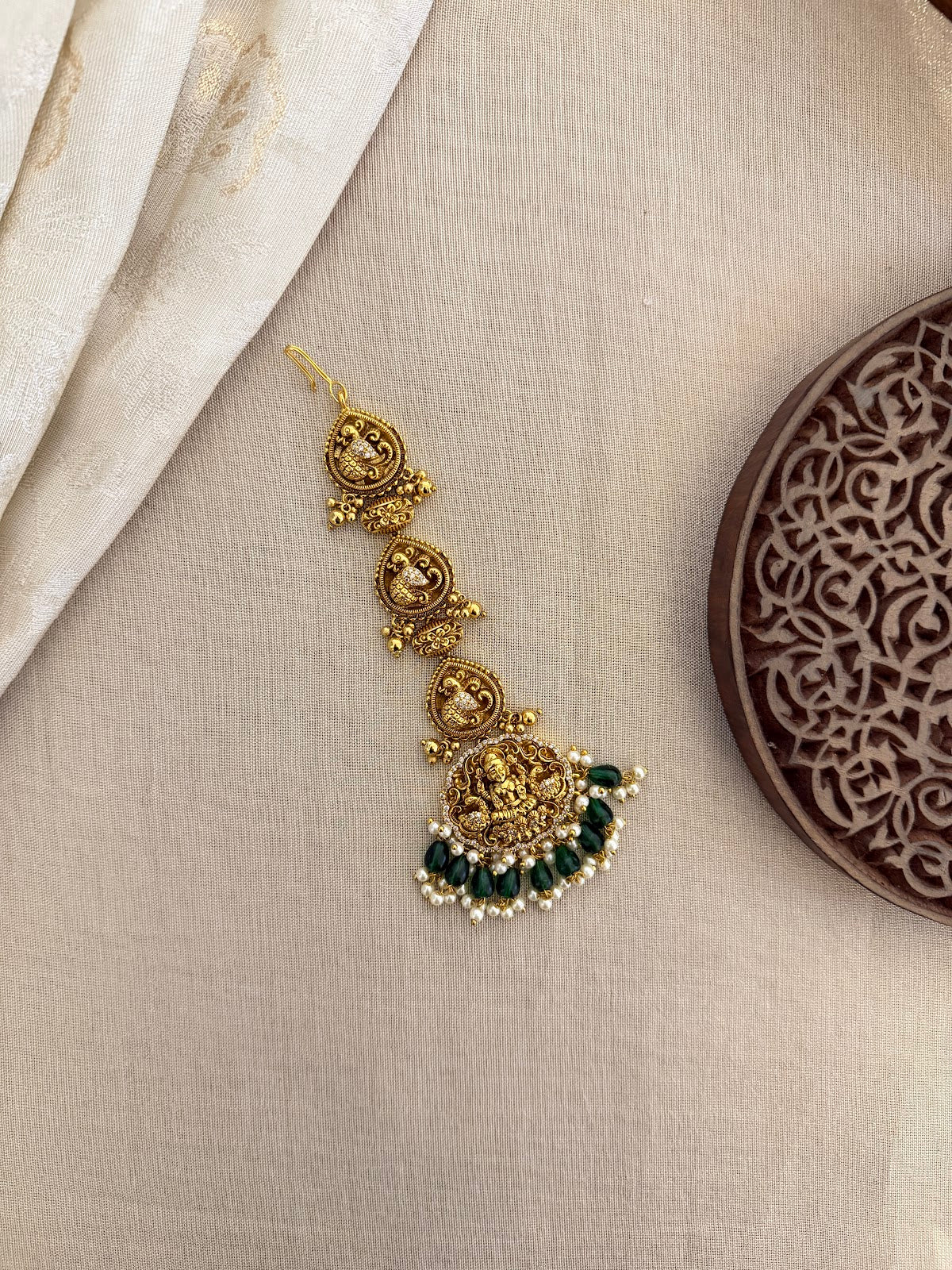 Antique Lakshmi Maang Tikka With Green Beads | MT327