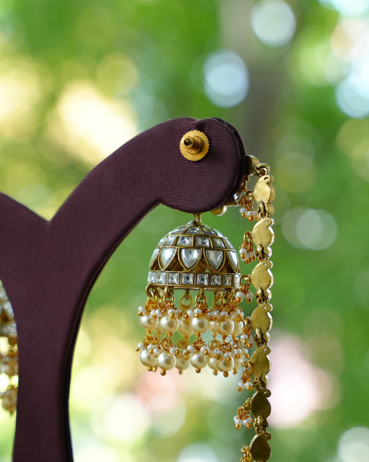 White Kundan Floral Earrings with Ear Chain | Handmade Gold Plated | ER514
