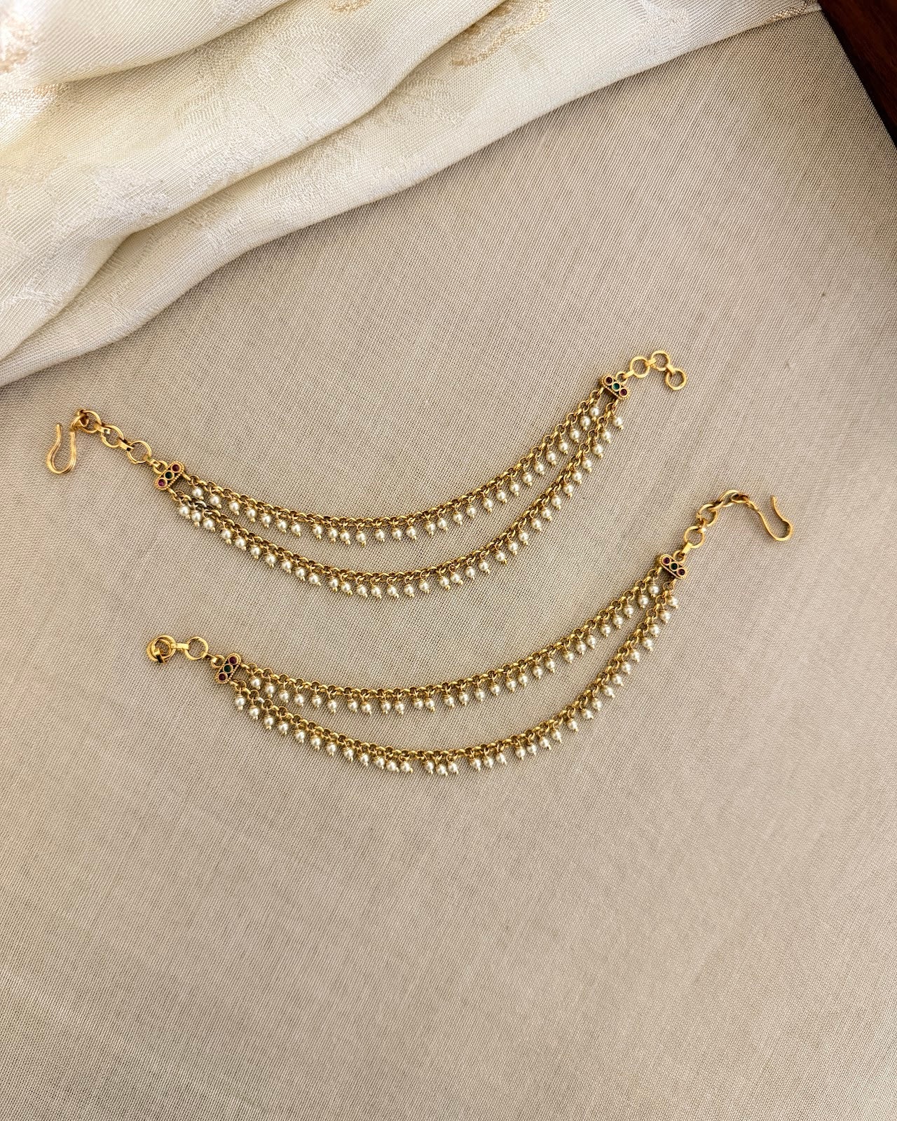 Minimal 2-Layer Gold Finish Ear Chain With Pearl | Handmade Gold Plated | EC216
