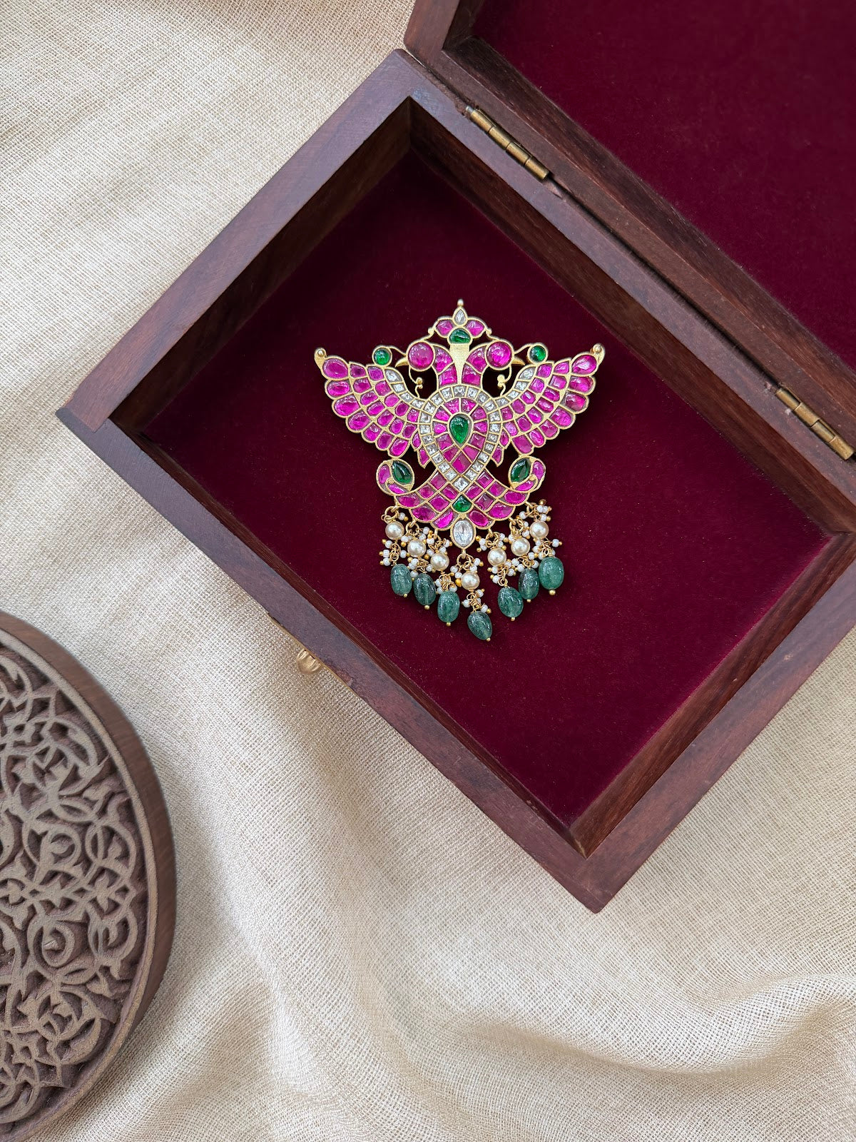 Multicolour Gandaberunda Jadau Kundan Hair Pendant | Handmade Gold Plated | HA400