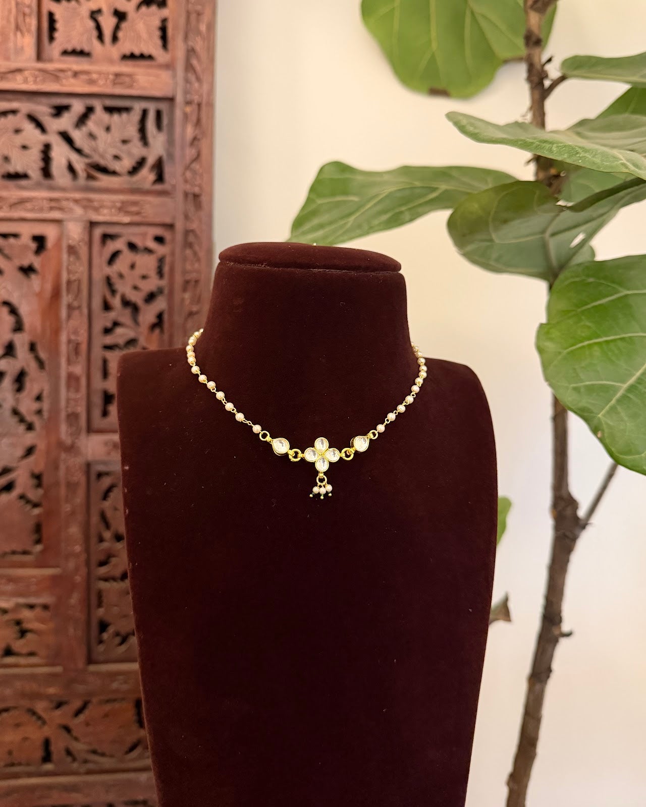 Floral Pearl Delicate Minimal Necklace | Handmade Gold Plated | NC815