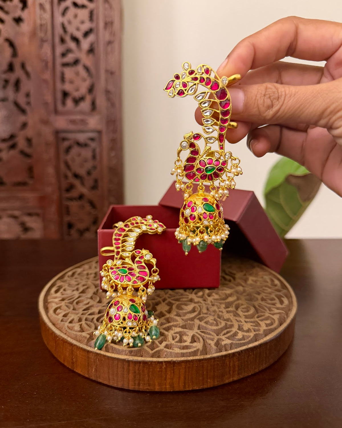 Royal Peacock Kundan Ear Cuff Jhumkas – Intricate Traditional Design | Handmade Gold Plated | ER497
