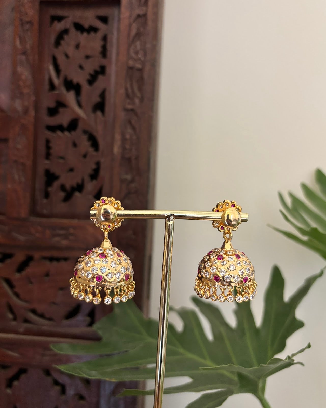 Vintage Impon Classic Jhumkas Ruby White ER390