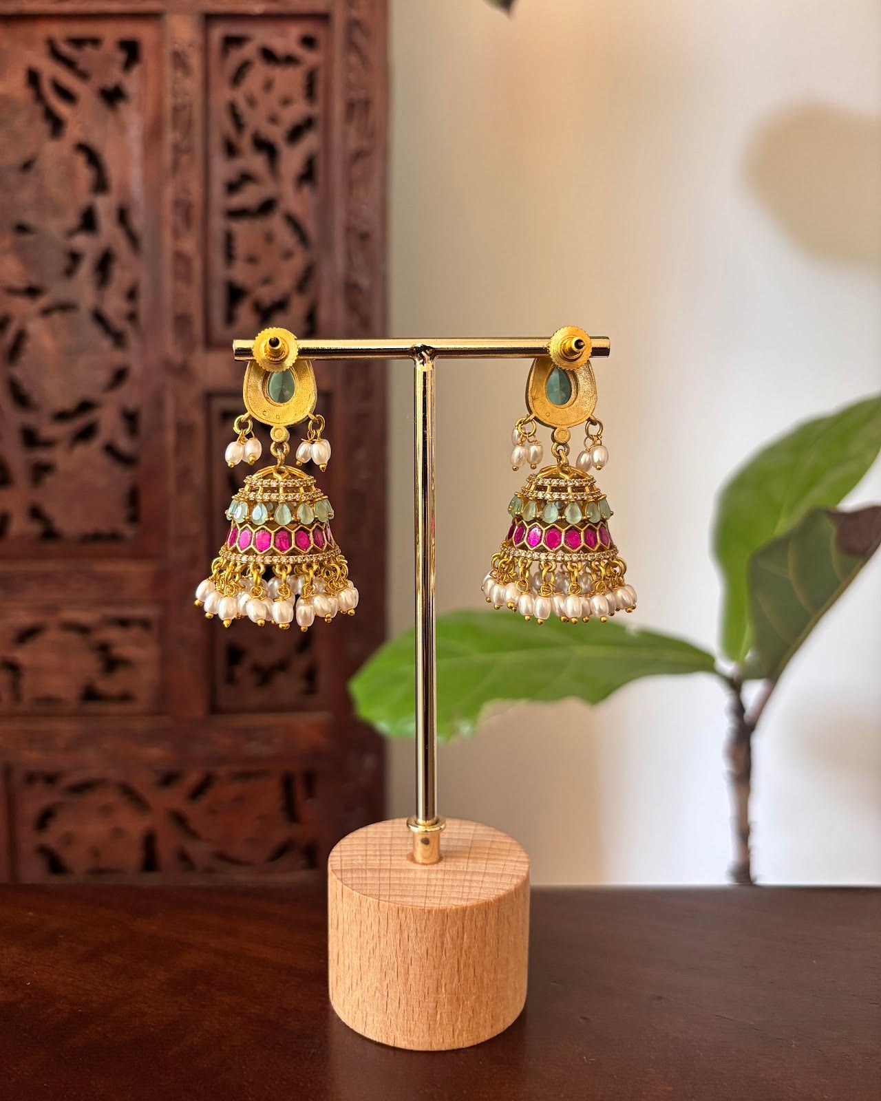 Statement Blue Pink Jadau Jhumkas | Handmade Gold Plated | ER463