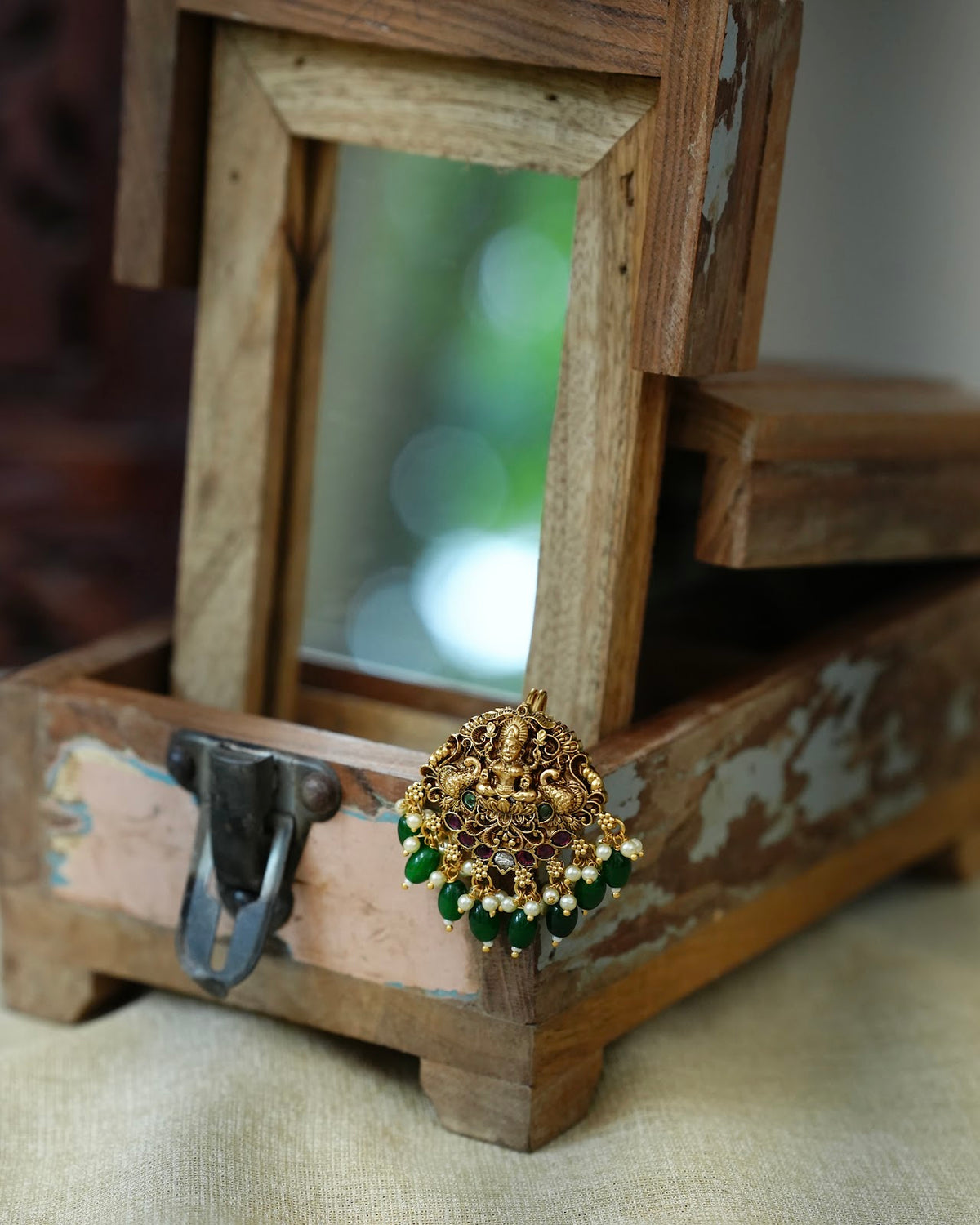 Lakshmi & Peacock Small Hair Pendant with Green Beads | HA435