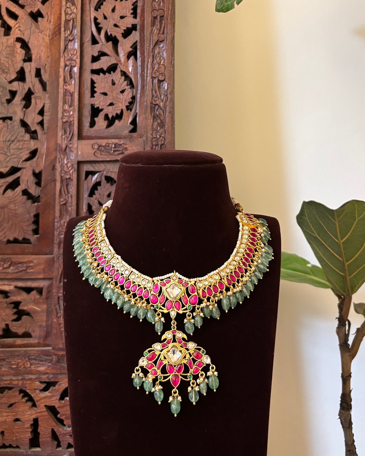Bridal Jadau Kundan Floral Necklace with Strawberry Beads | Handmade Gold Plated | NC750