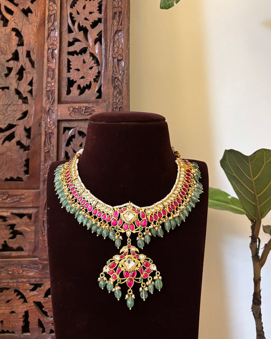 Bridal Jadau Kundan Floral Necklace with Strawberry Beads | Handmade Gold Plated | NC750