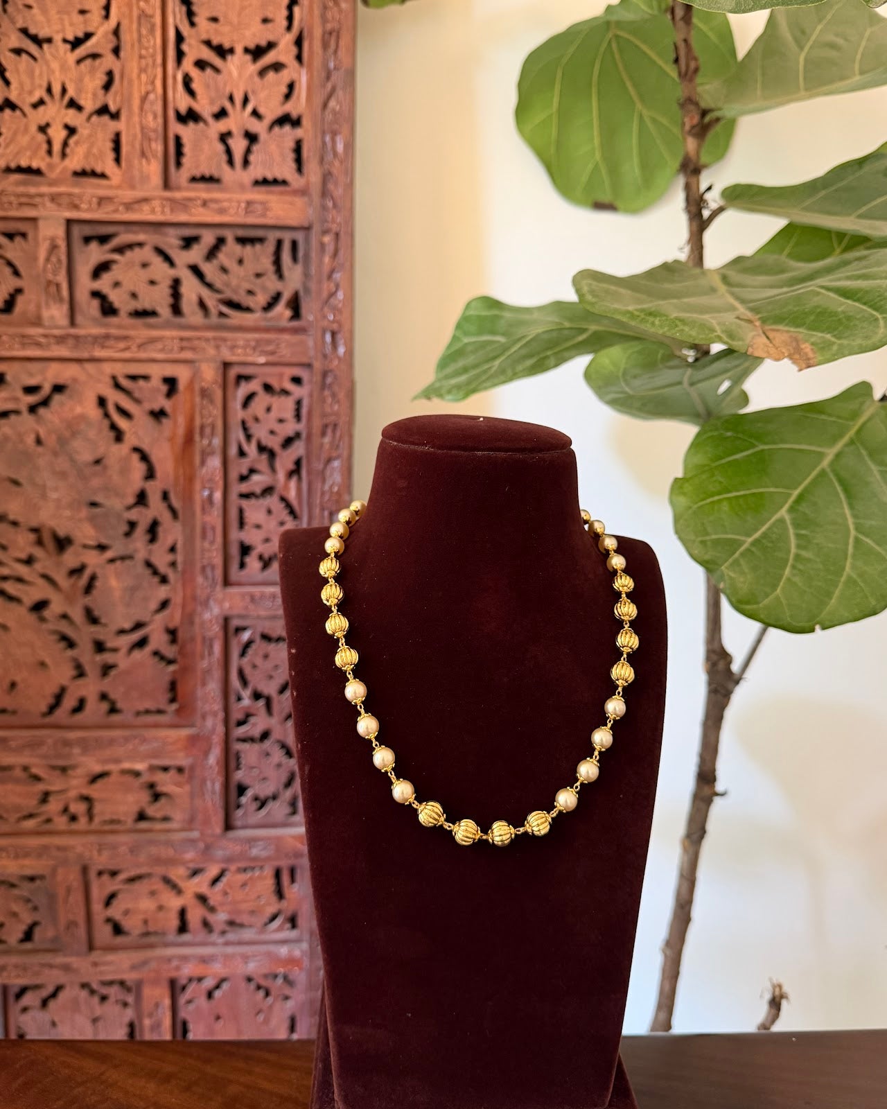 Antique Pearl Gold Plated Bead Mala Necklace | White | Handmade Gold Plated | NC817
