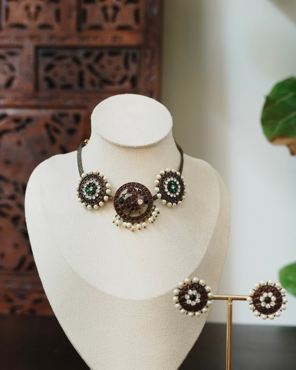 Vintage Black Oxidised Peacock Kemp Stone Short Necklace Set with Earrings | Handmade | NC919