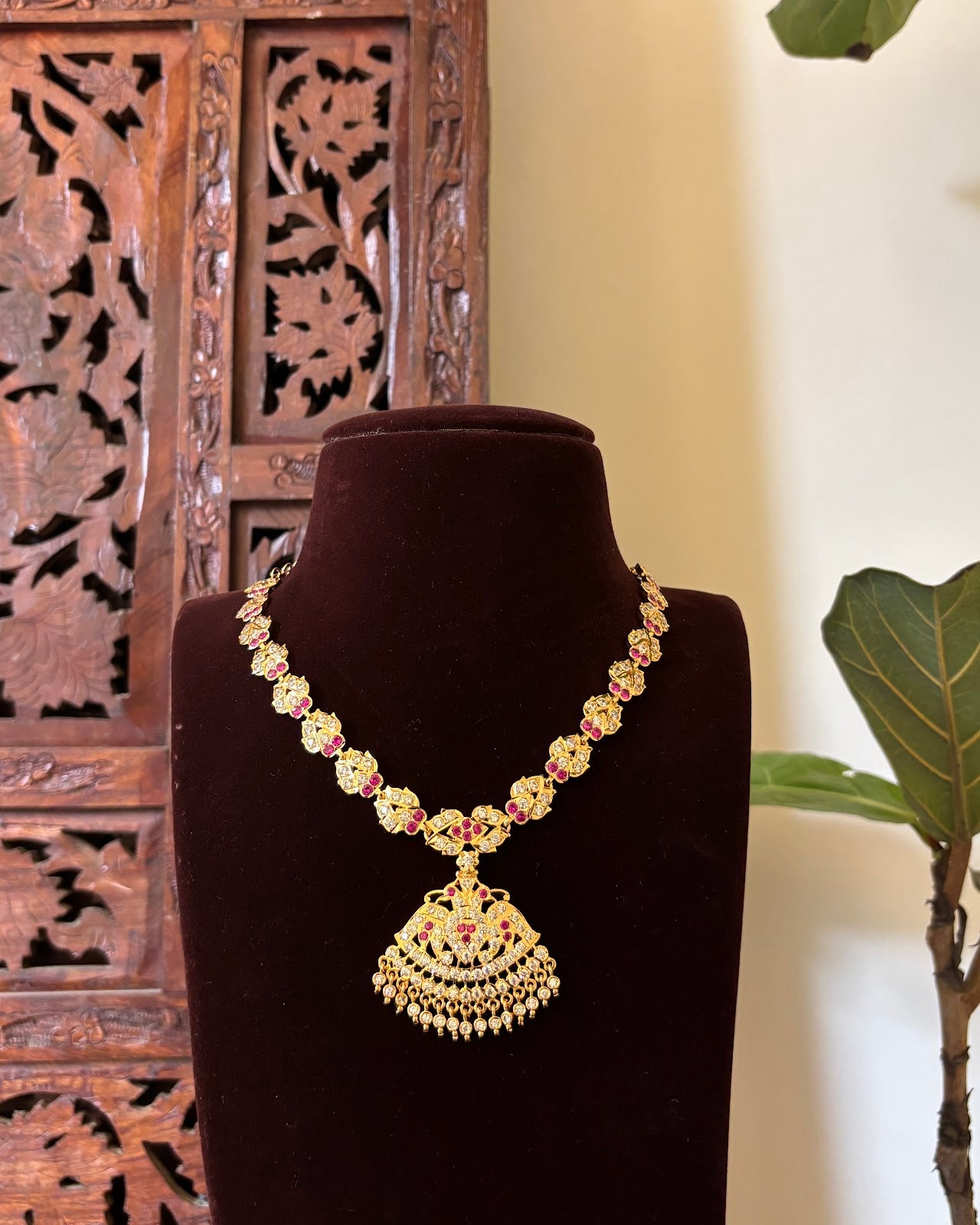 Vintage Impon Necklace with Earrings | Ruby & White | Handmade Gold Tone | NC760