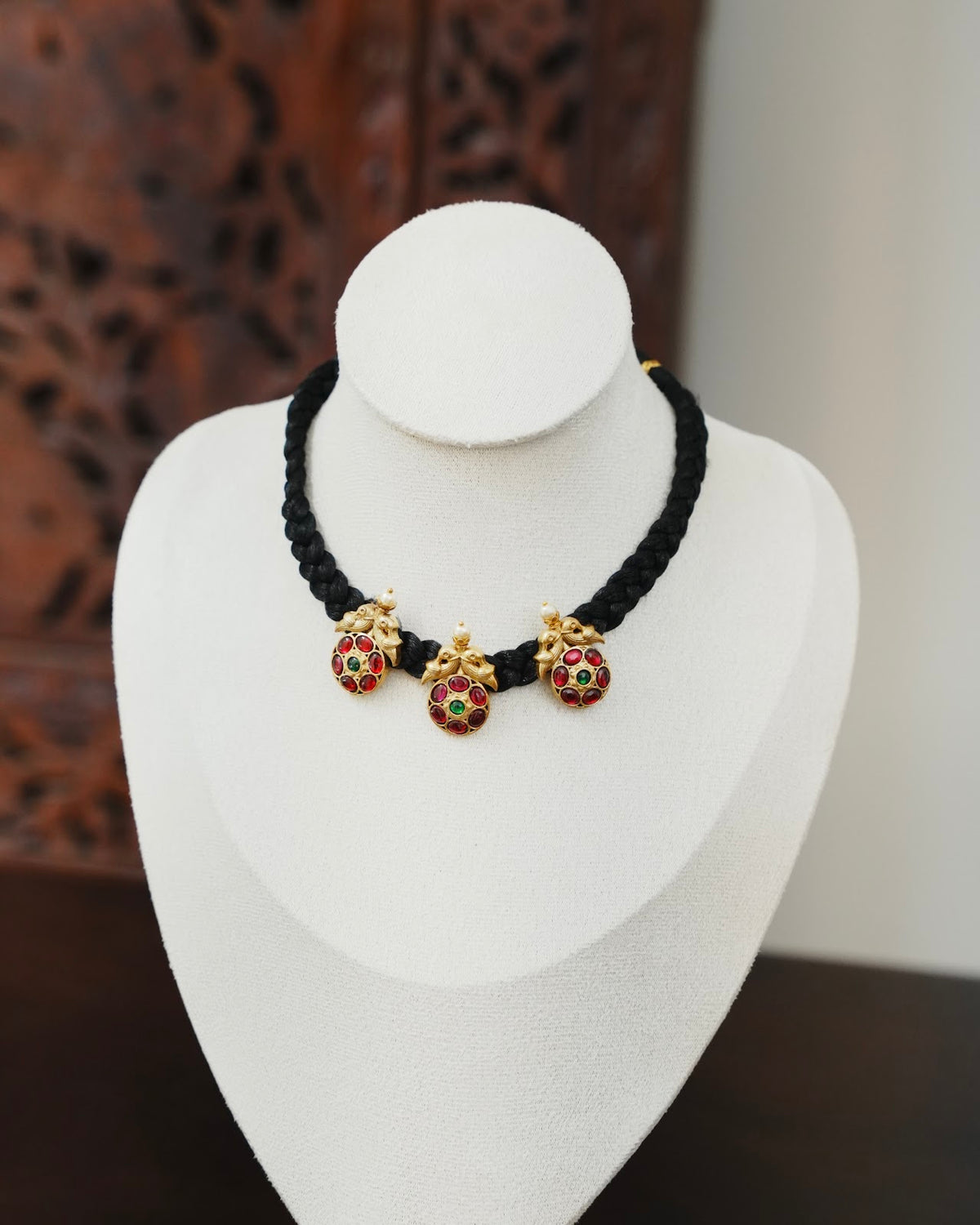 Vintage Black Thread Chain with Kundan Peacock Locket | Handmade Gold Tone | NC922