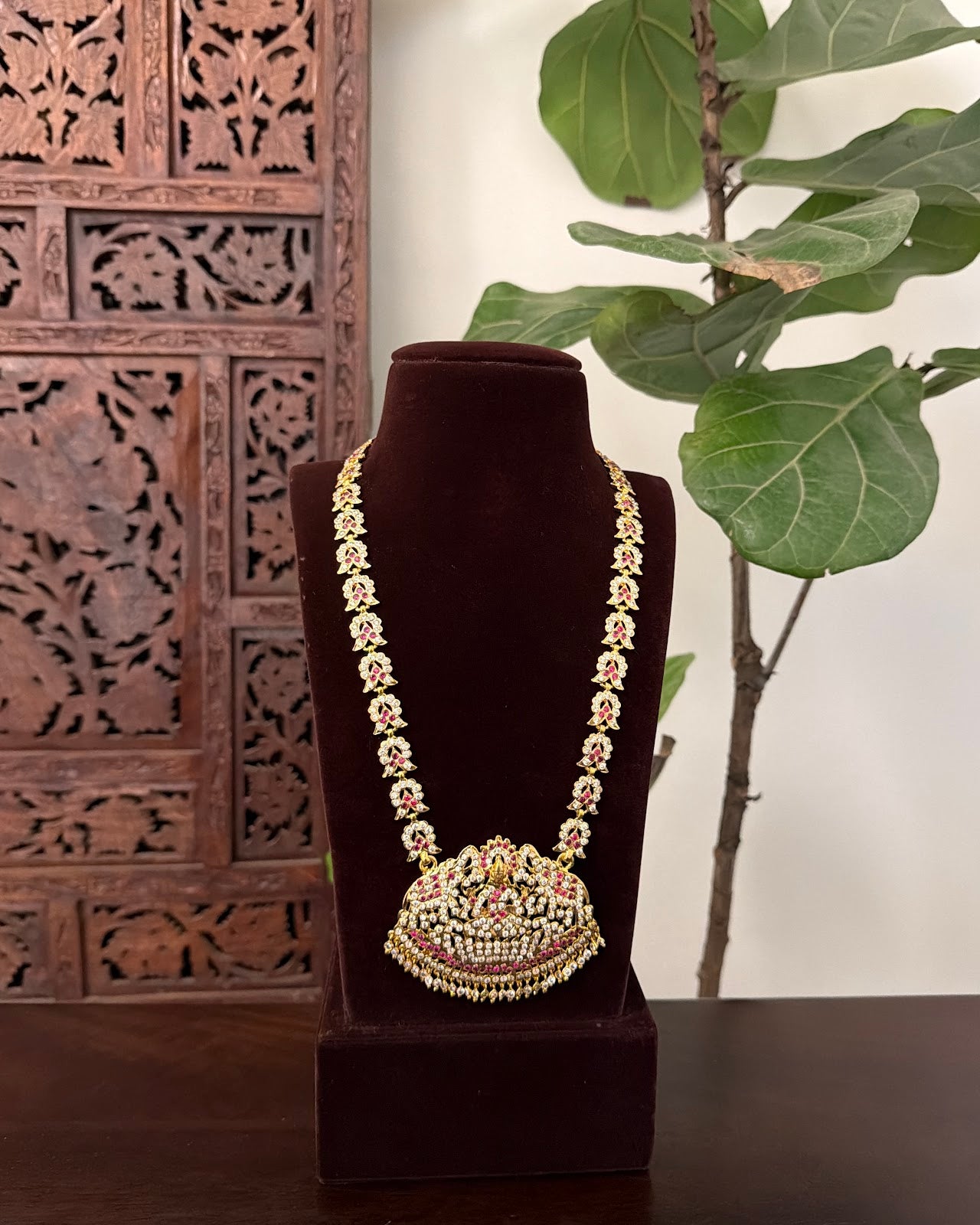 Vintage Impon Ruby & White Long Haram Necklace | Handmade Gold Tone | NC835