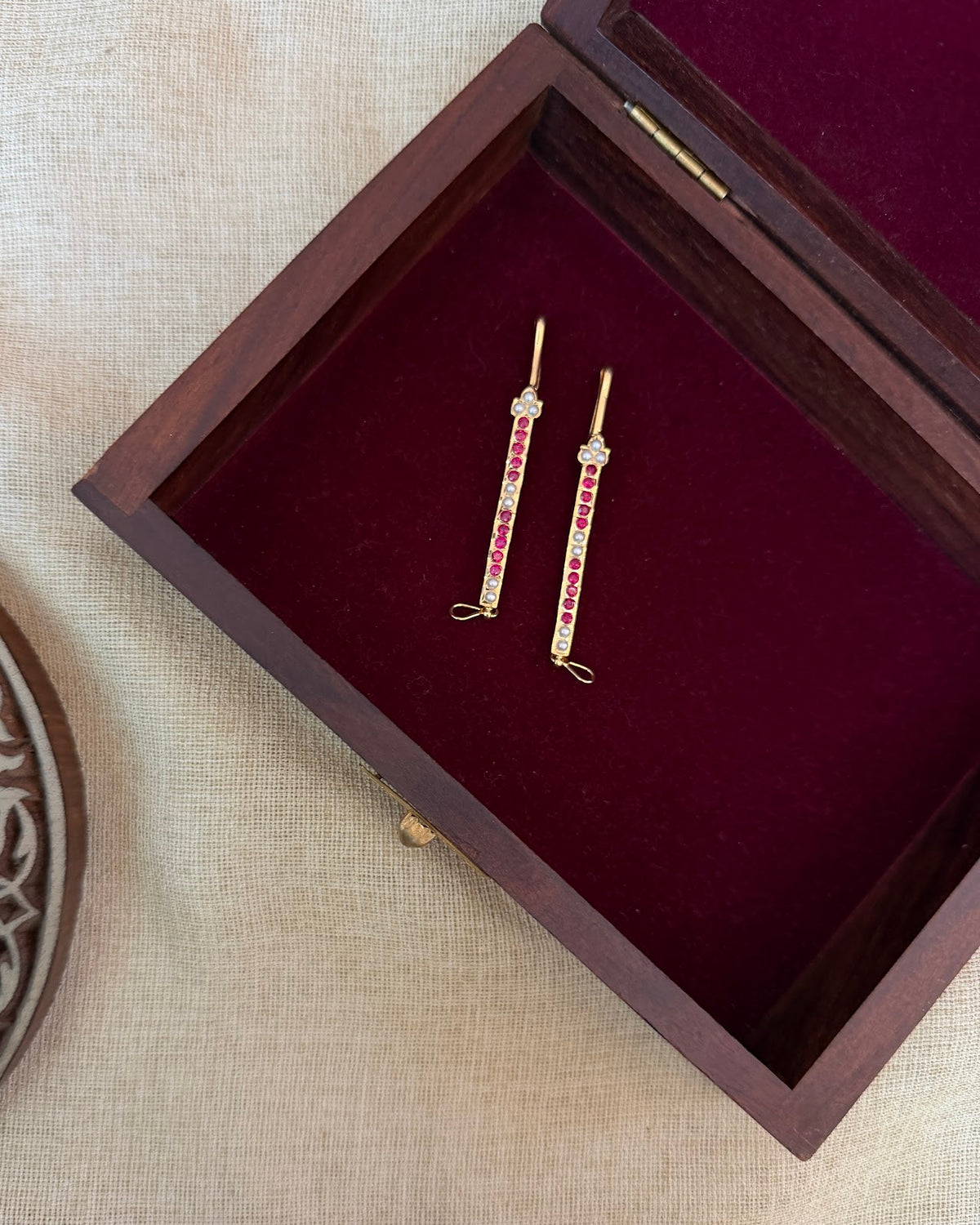 Vintage Floral Impon Straight Ear Chain - Ruby and White | Handmade Gold Tone | EC245