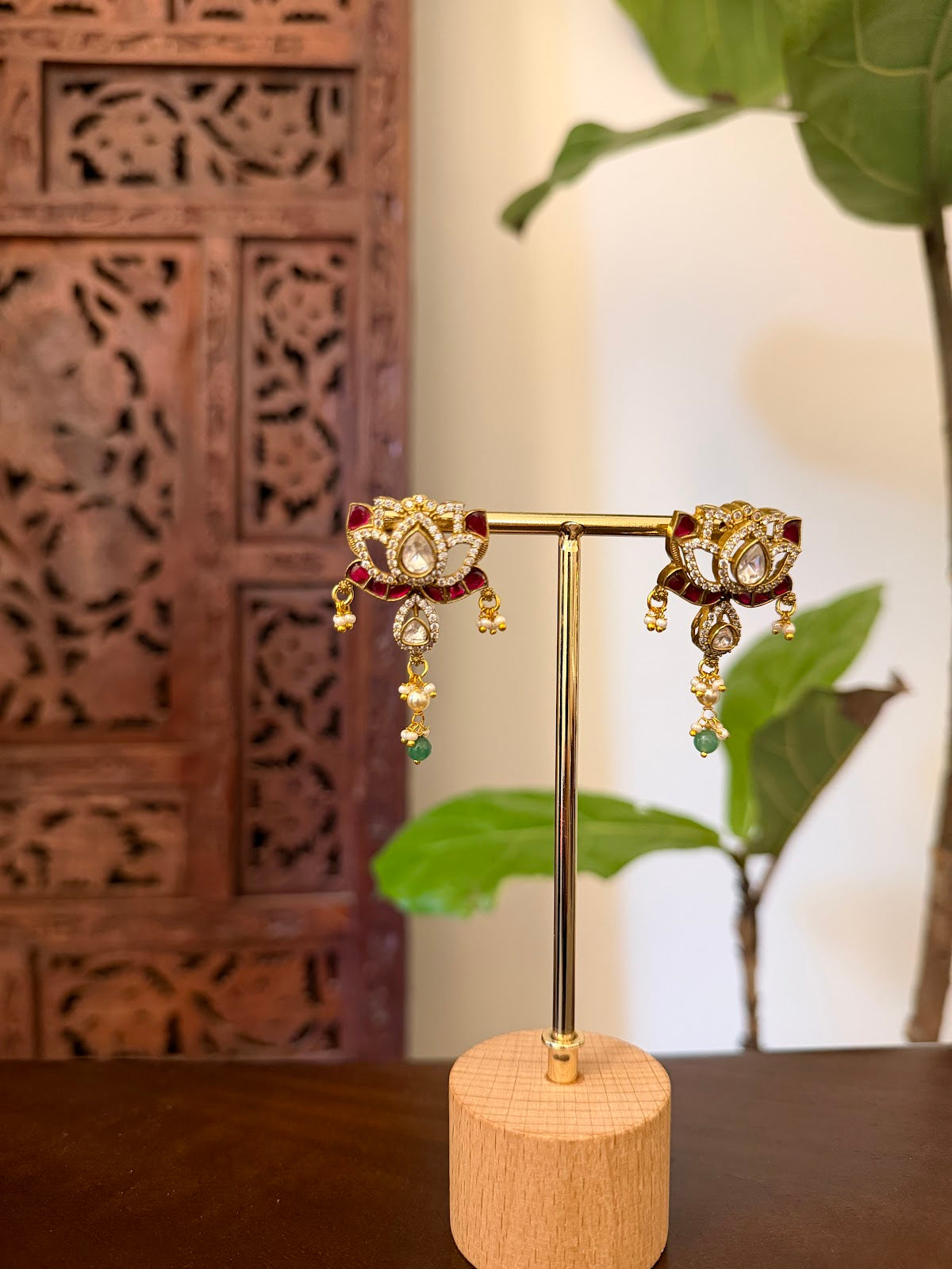 Lotus Moissanite Kundan Necklace with Earrings | Handmade Gold Plated | NC837