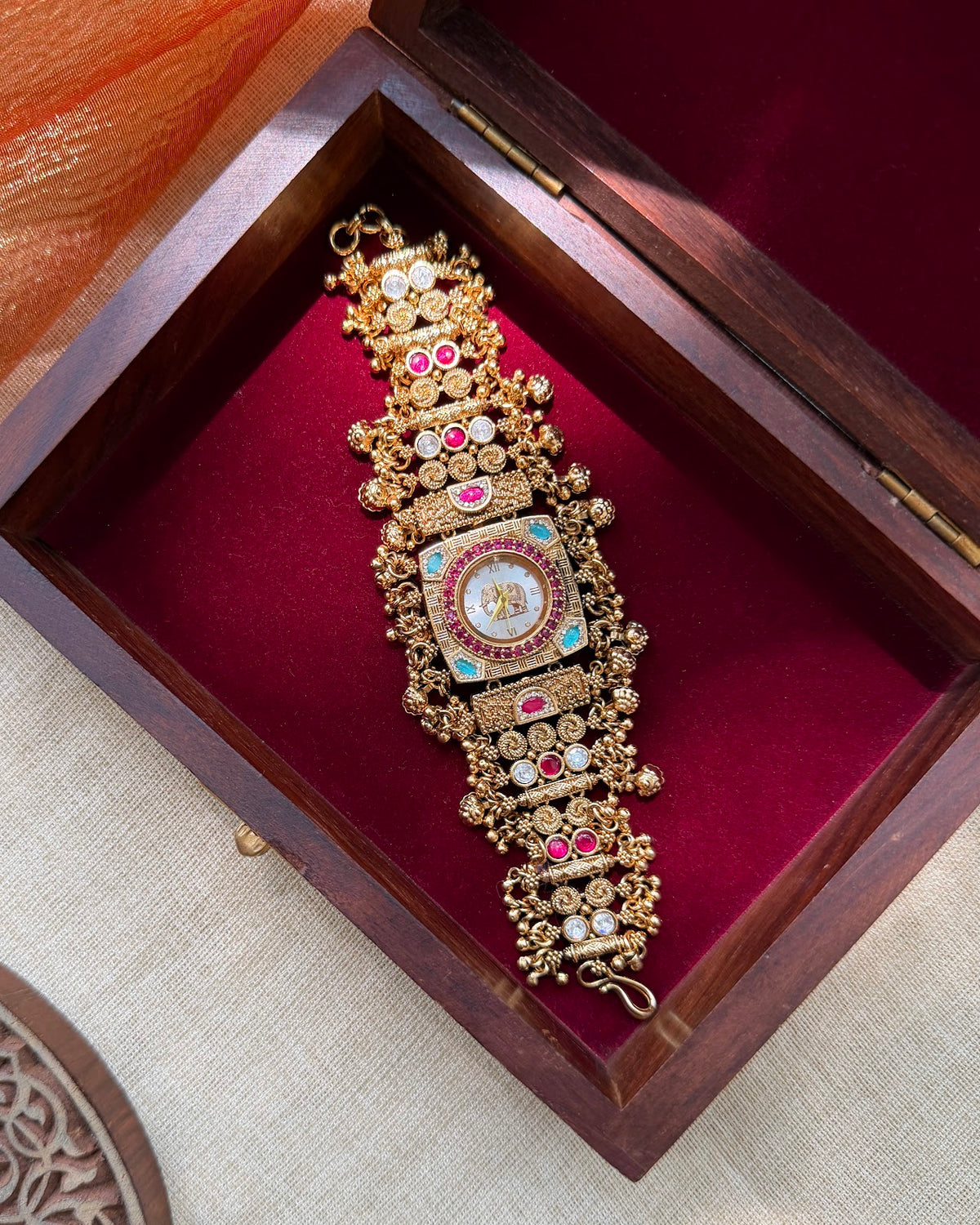 Elephant Motif Timeless Jadau Kundan Designer Watch | Handmade Gold Plated | WA007