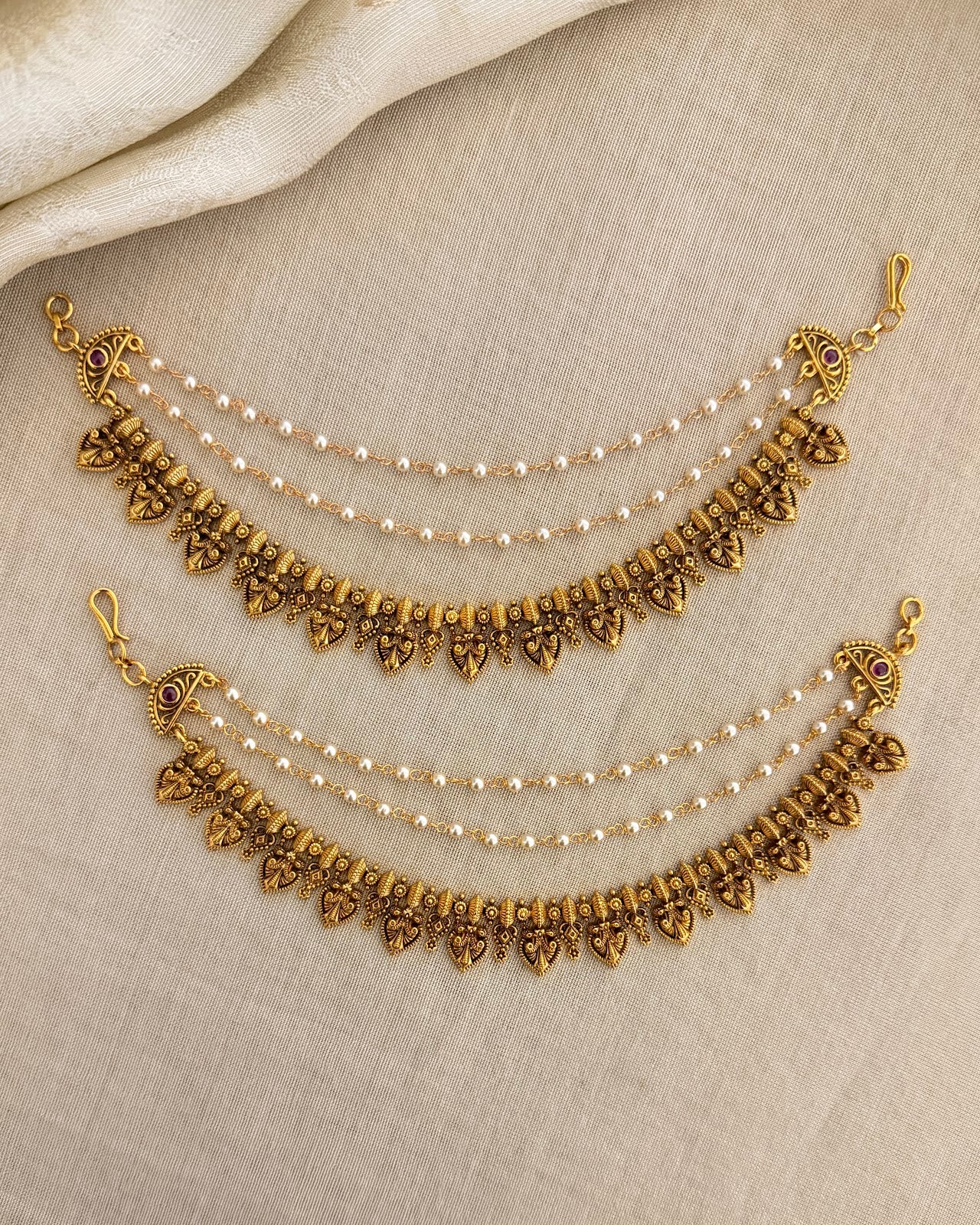 Gold Finish Pearl Three-Layer Ear Chain EC201