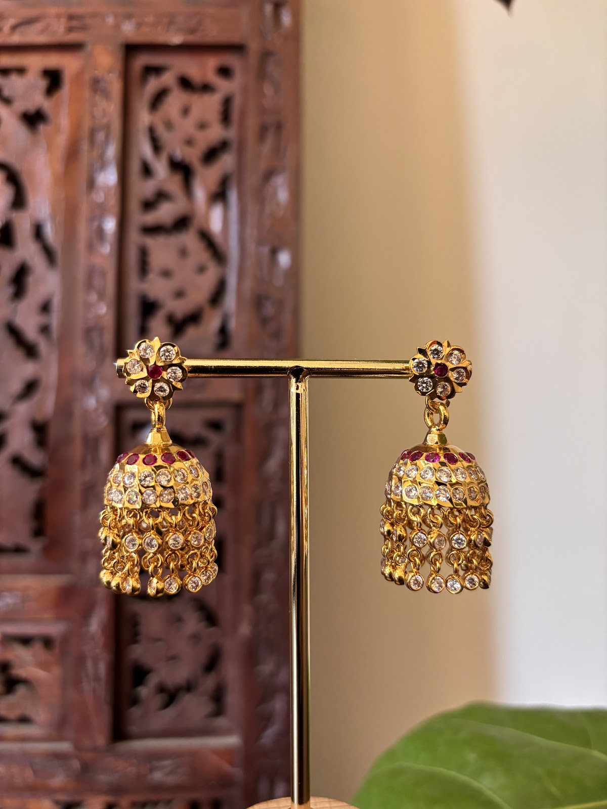 Vintage Impon Layered Stone Jhumkas | Ruby and White | Handmade Gold Tone | ER504