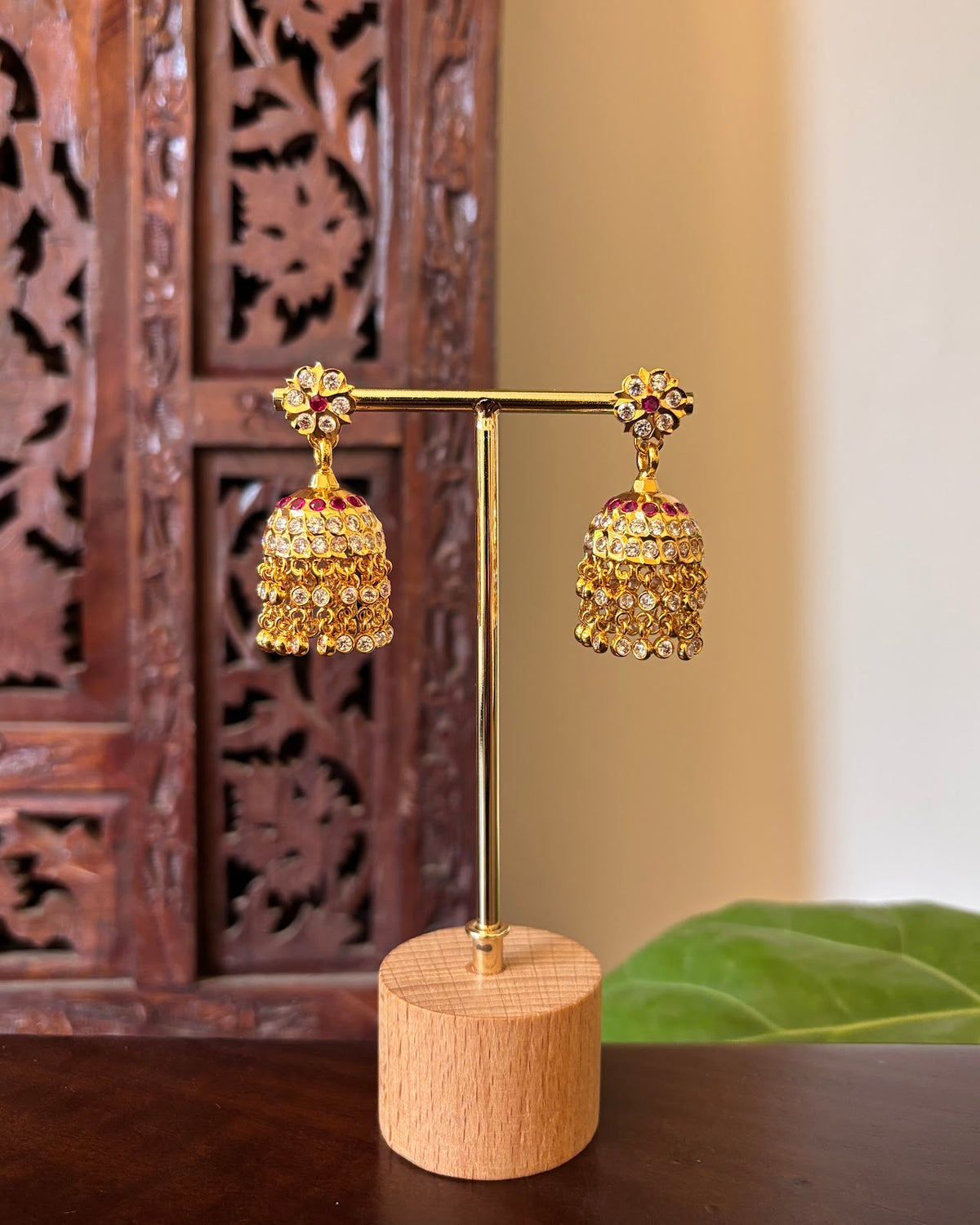 Vintage Impon Layered Stone Jhumkas | Ruby and White | Handmade Gold Tone | ER504