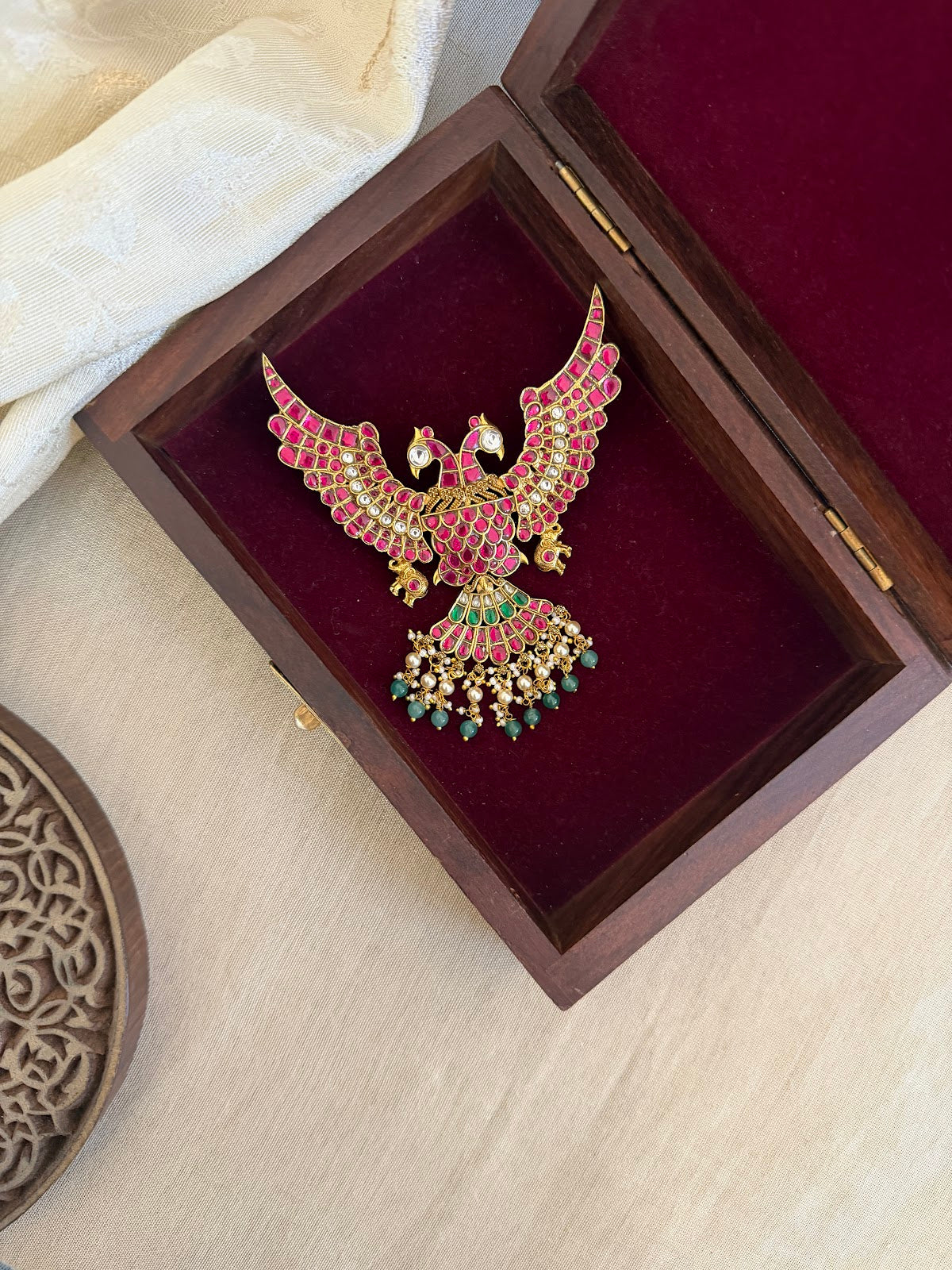 Multicolor Royal Gandaperunda Jadau Kundan Pendant | Handmade Gold Plated | HA367